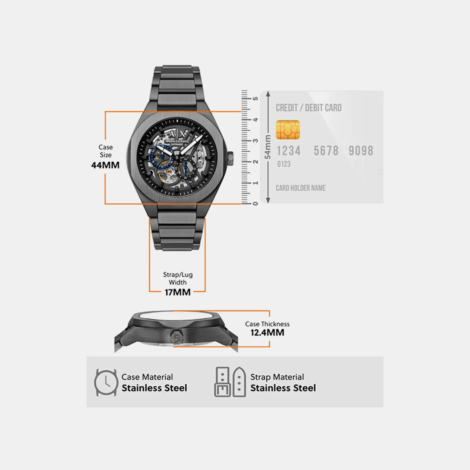 Men Automatic Grey Dial Analog Stainless Steel Watch AX4195 - Image 4
