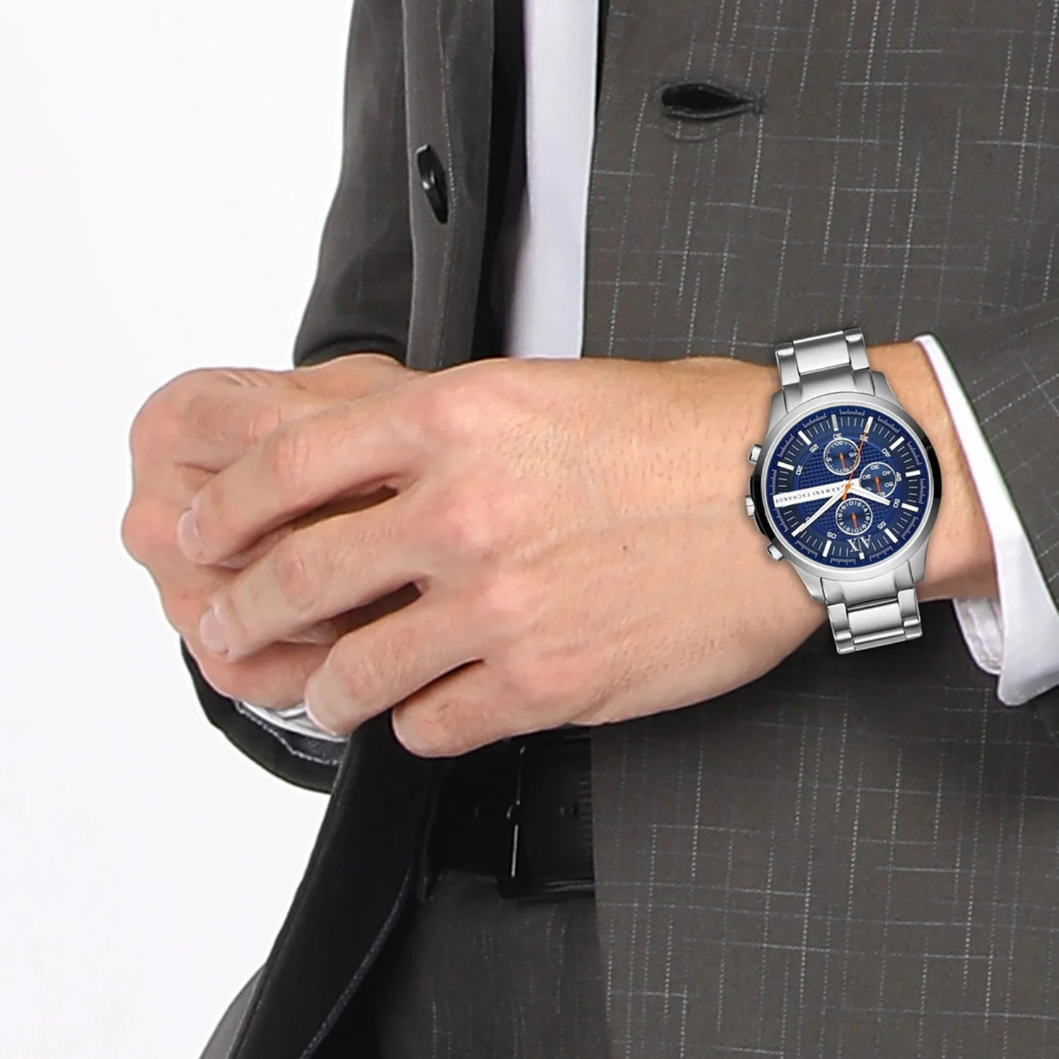 Men Quartz Blue Dial Chronograph Stainless Steel Watch AX2155 - Image 2