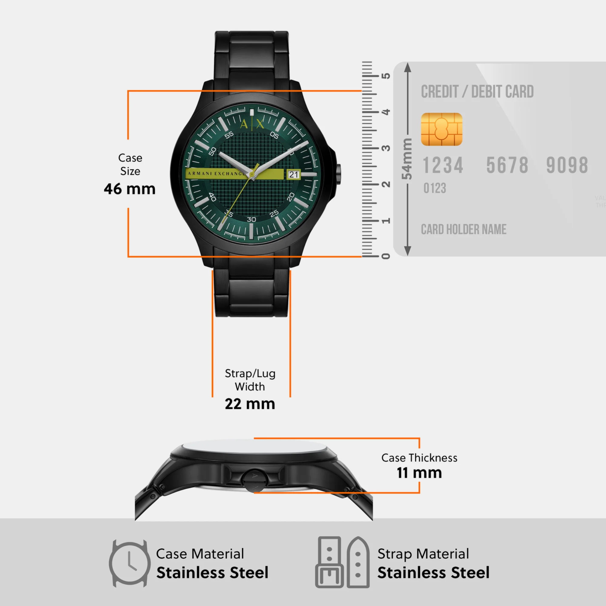 Men Quartz Green Dial Analog Stainless Steel Watch AX2450 - Image 4