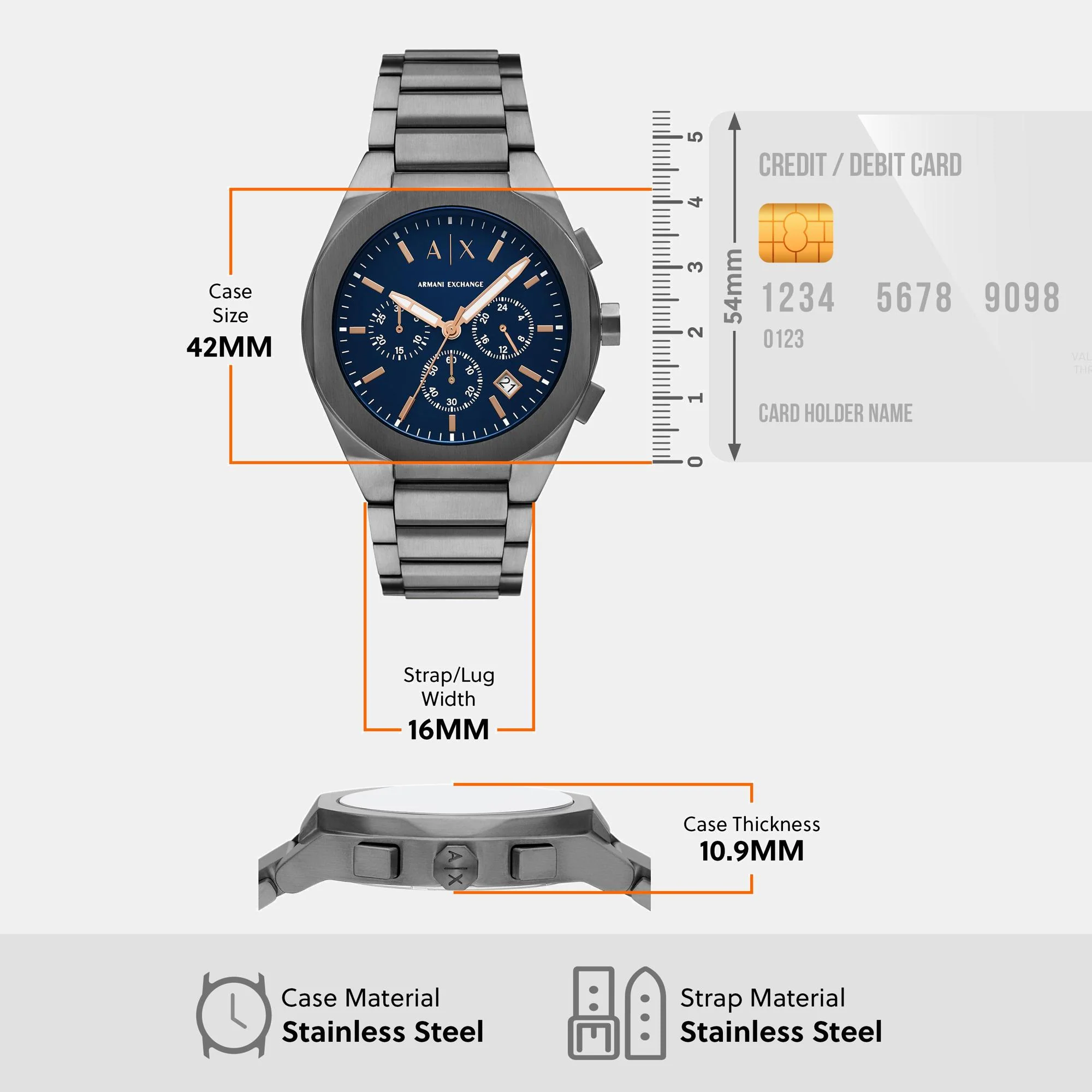 Na Men Quartz Blue Dial Chronograph Stainless Steel Watch AX4182 - Image 7