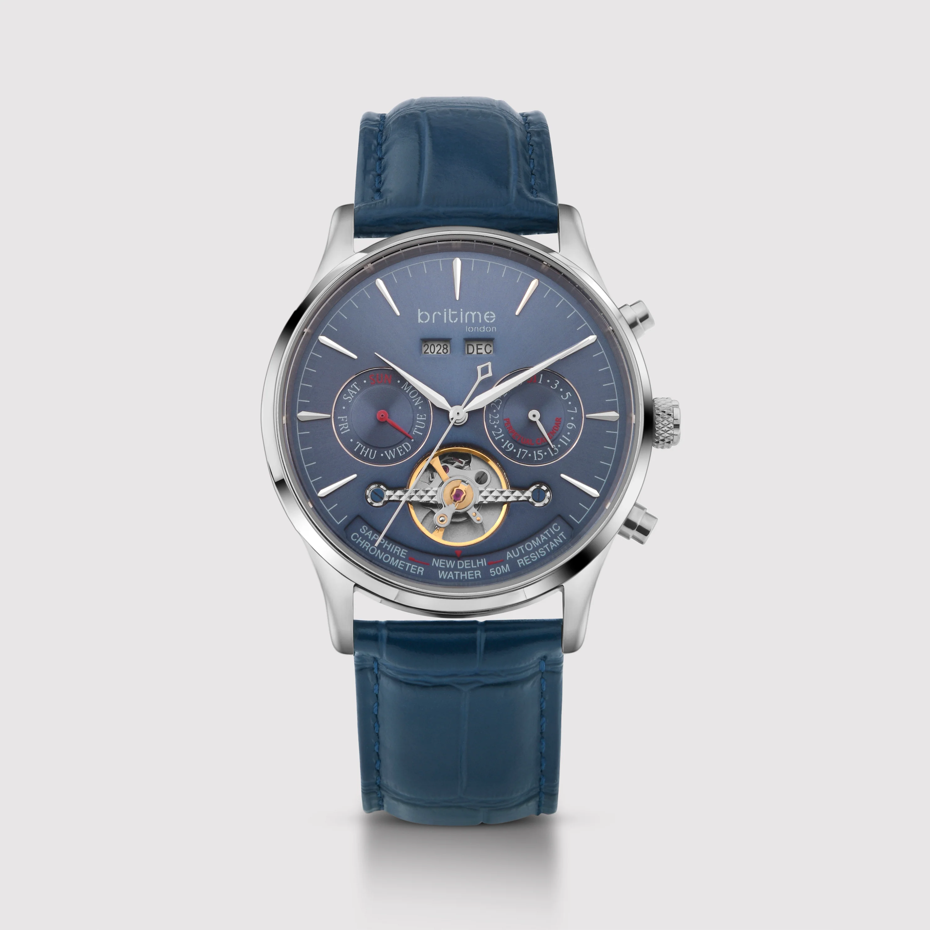 Celestial Men Automatic Blue Dial Chronograph Leather Watch 867-L10507 - Image 2