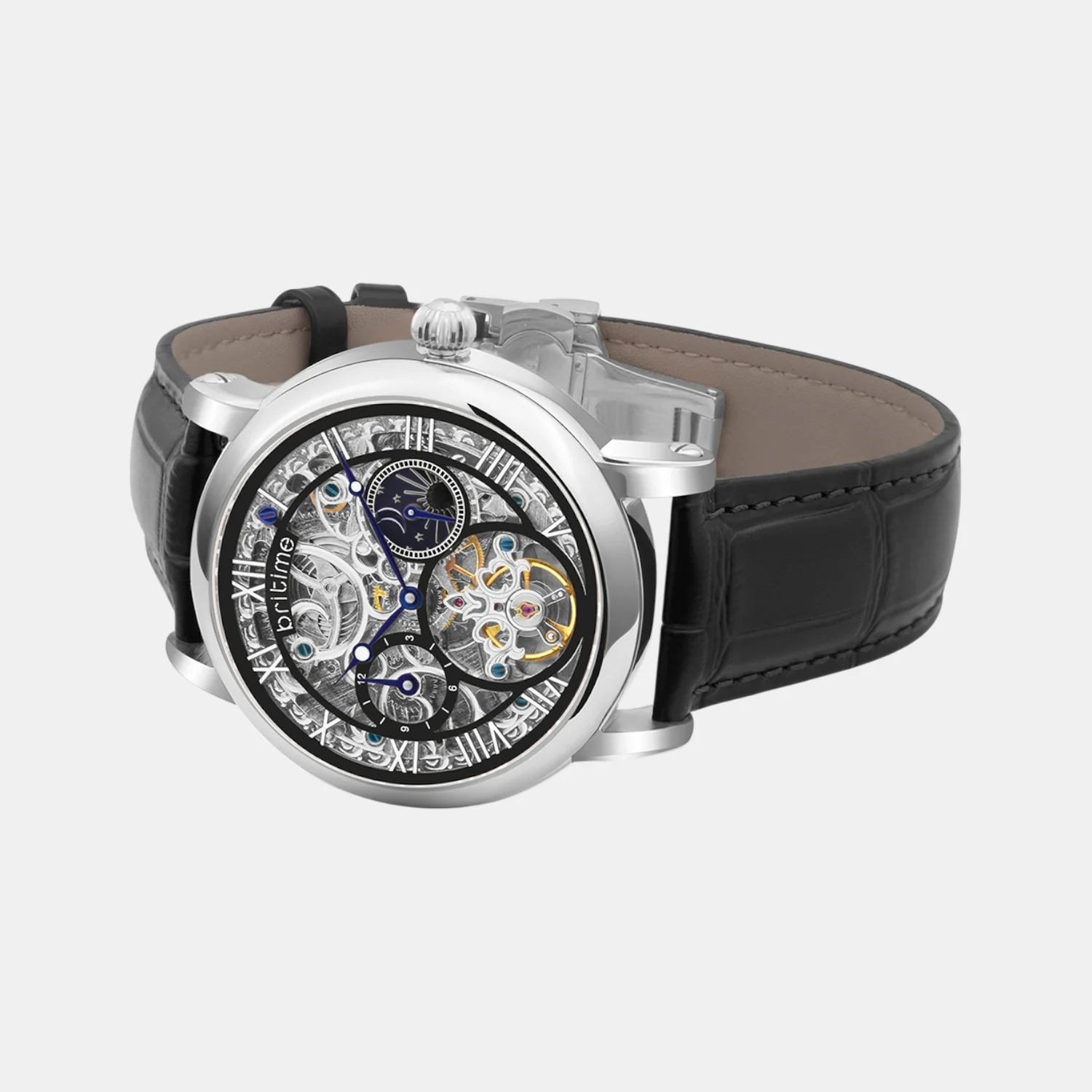 Men Automatic Silver Dial Multi-Function Leather Watch 786-L10406 - Image 3