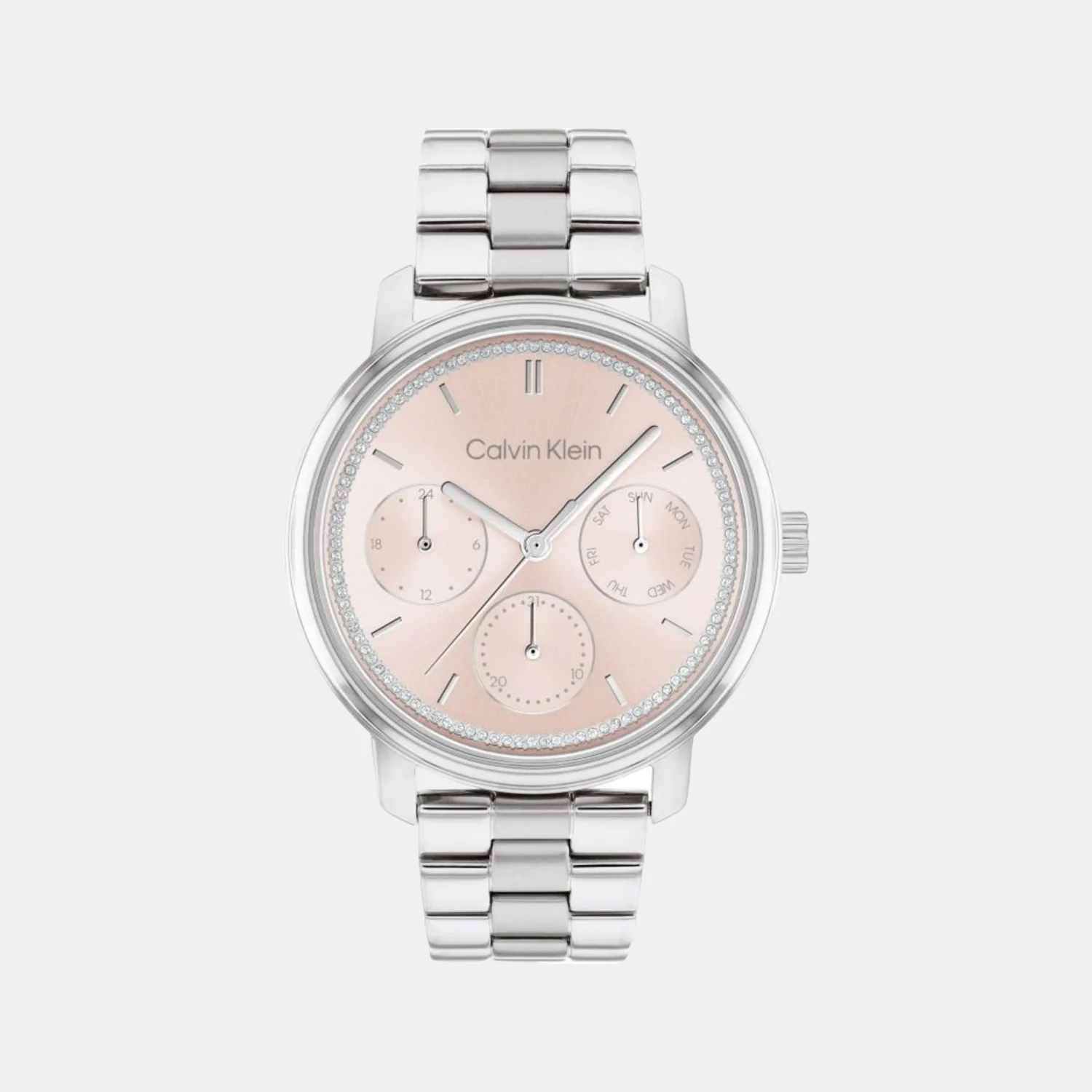 Minimalistic Women Quartz Pink Dial Multi-Function Stainless Steel Watch 25200176