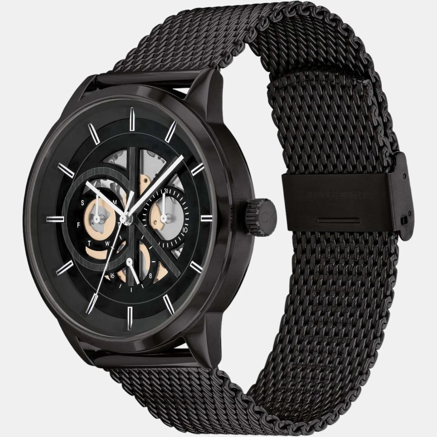 Modern Skeleton Men Quartz Black Dial Chronograph Stainless Steel Watch 25200214 - Image 2