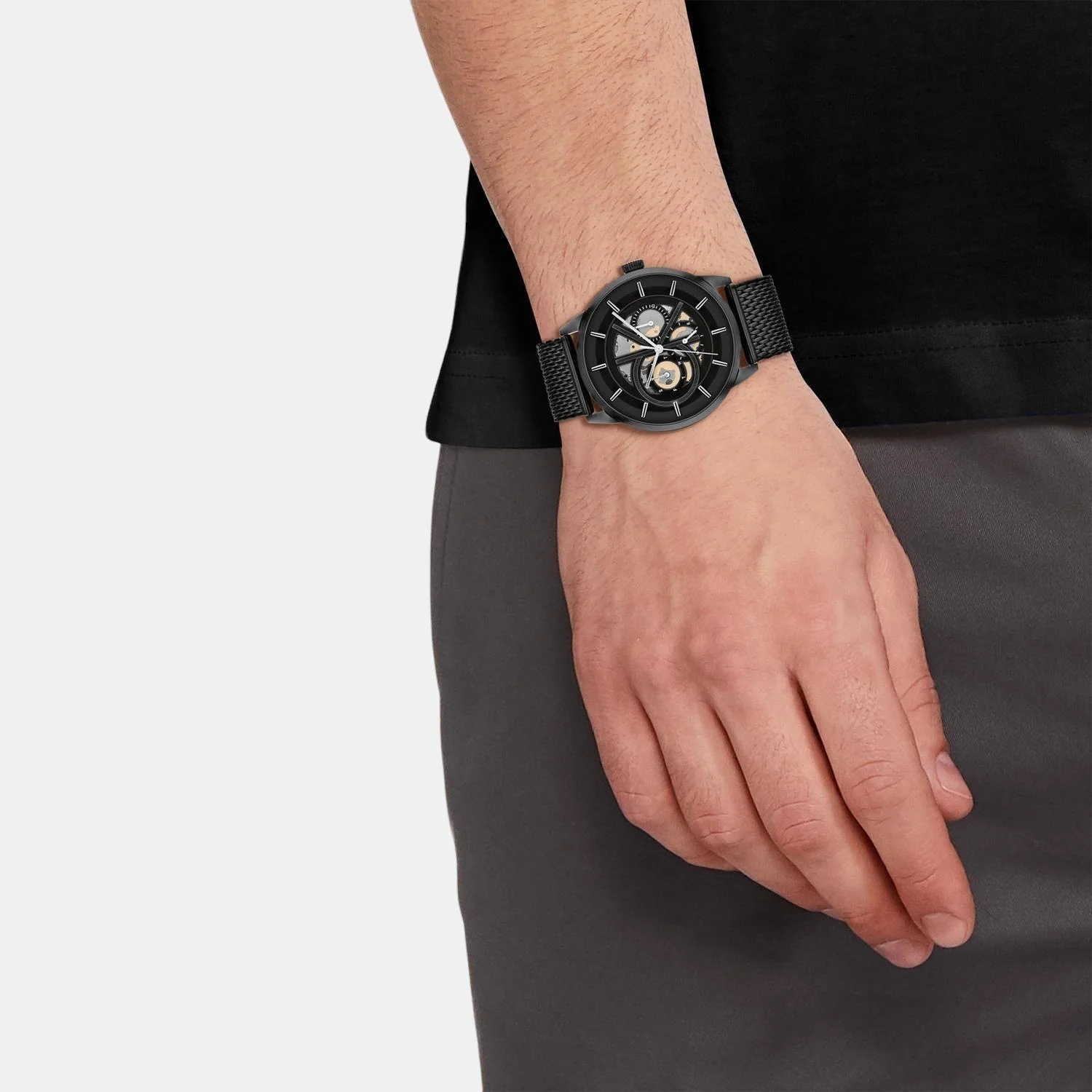 Modern Skeleton Men Quartz Black Dial Chronograph Stainless Steel Watch 25200214 - Image 4