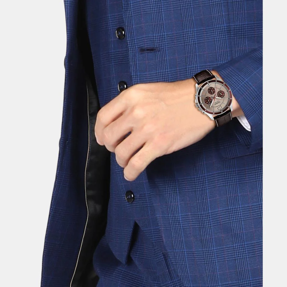 Enticer Men Quartz Beige Dial Chronograph Leather Watch A1886 - Image 2