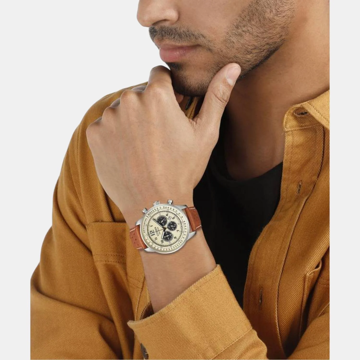 Eco-Drive Men Eco-Drive Cream Dial Chronograph Leather Watch CA4500-16X - Image 5