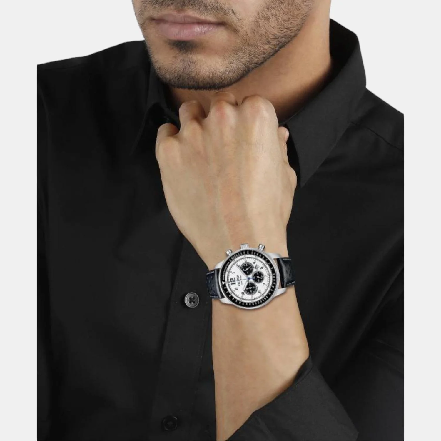 Eco-Drive Men Quartz White Dial Chronograph Leather Watch CA4500-32A - Image 4