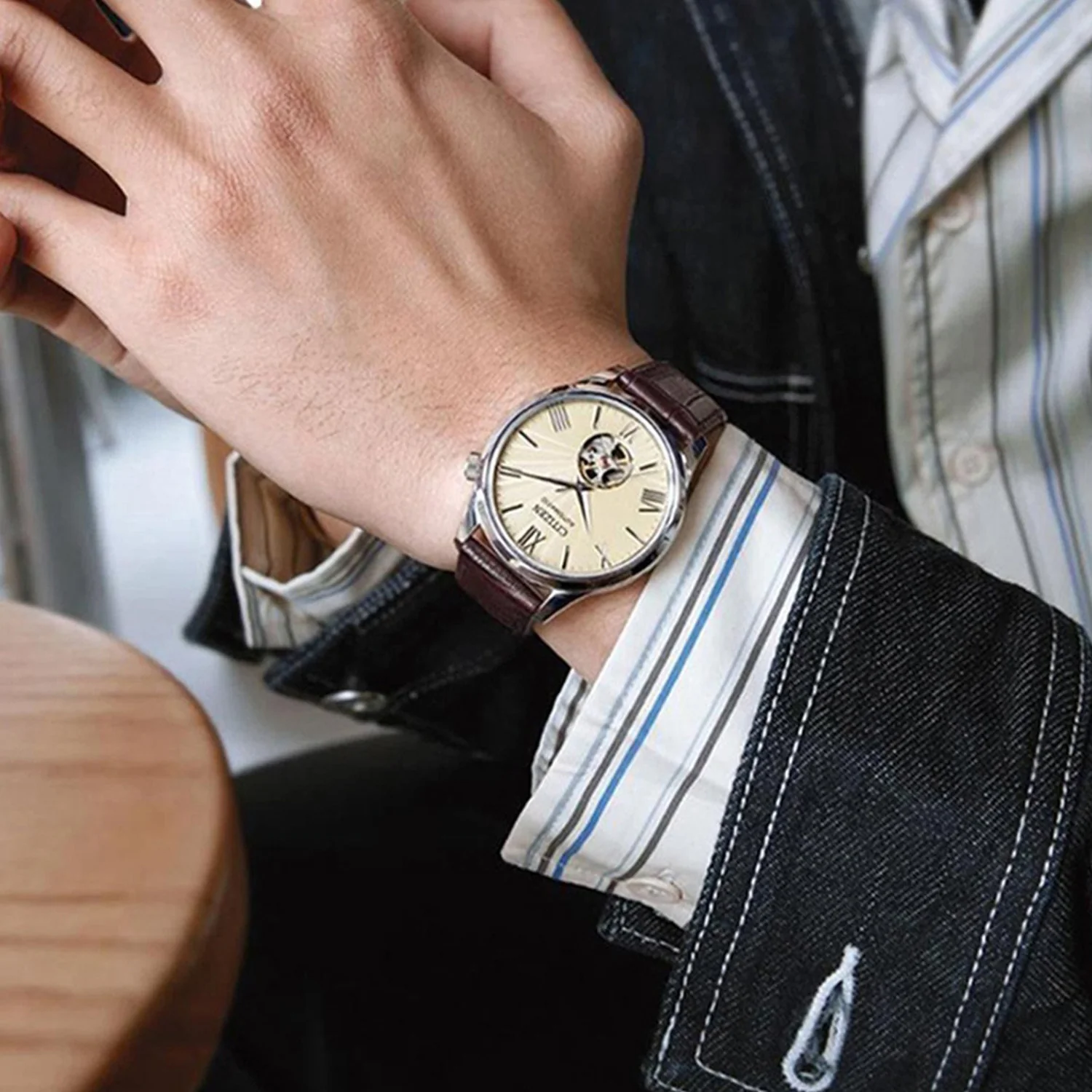 Mechanical Open Heart Men Quartz Beige Dial Analog Leather Watch NH9130-17A - Image 2