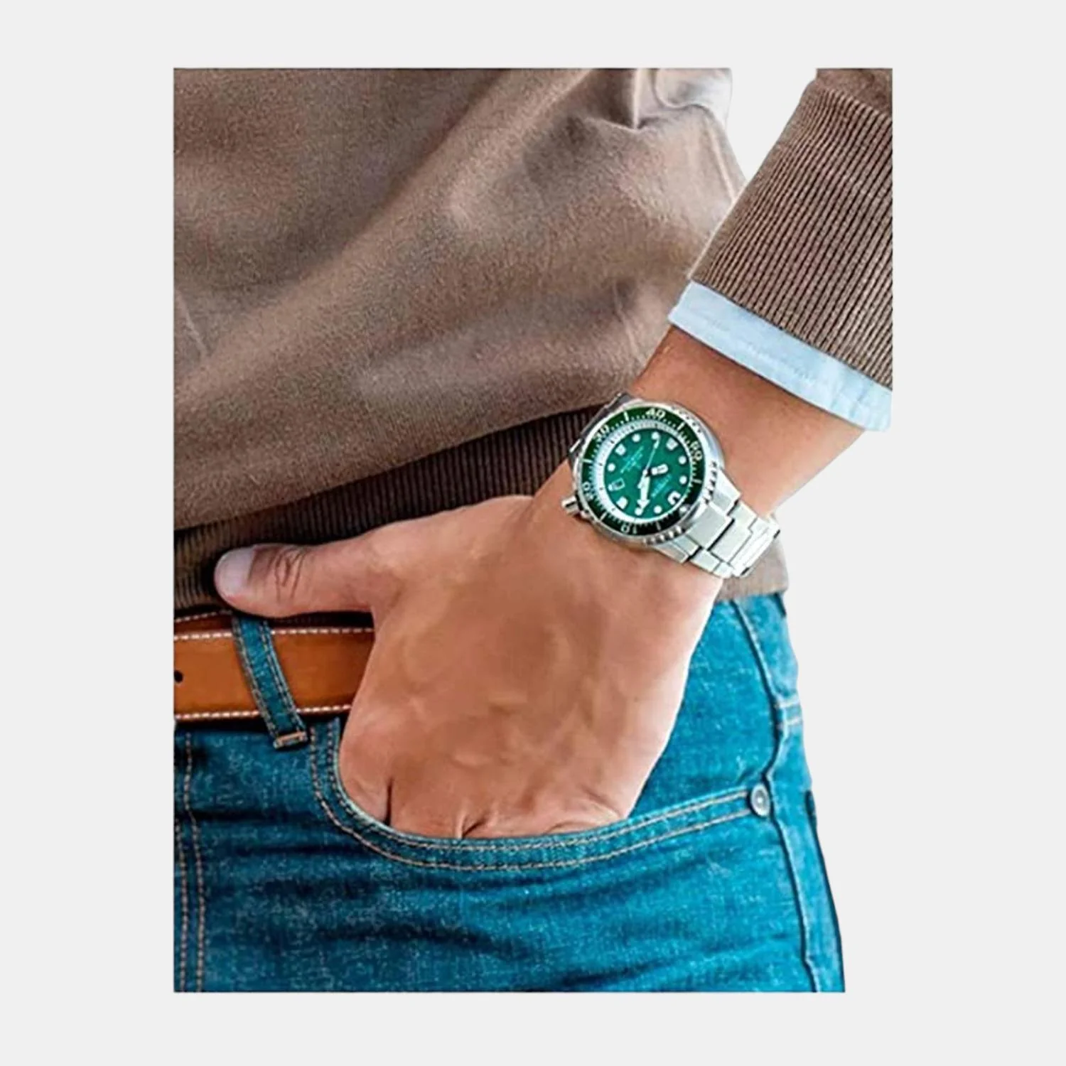 Men Eco-Drive Green Dial Analog Stainless Steel Watch BN0158-85X - Image 3