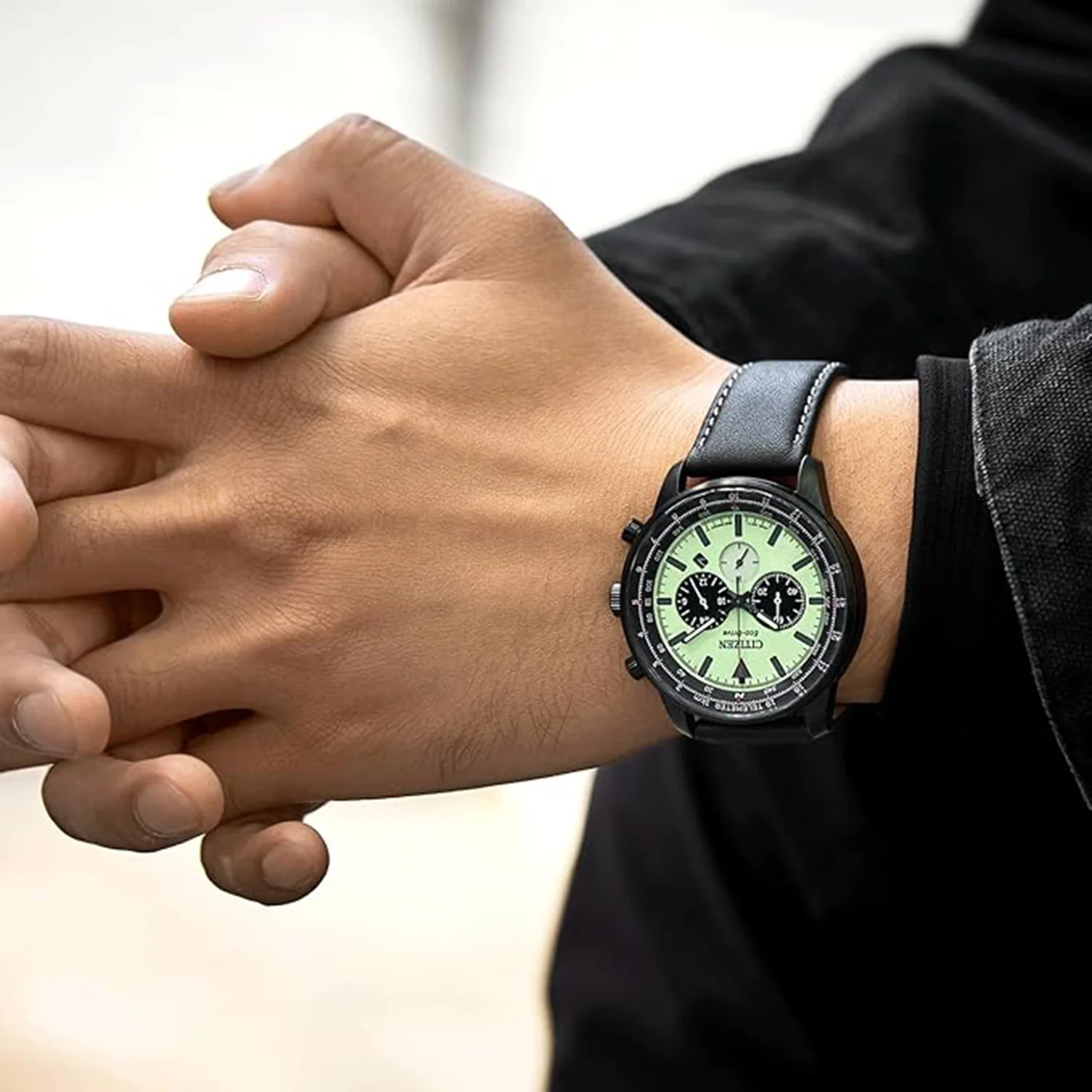 Men Eco-Drive Green Dial Chronograph Leather Watch CA4505-21X - Image 3