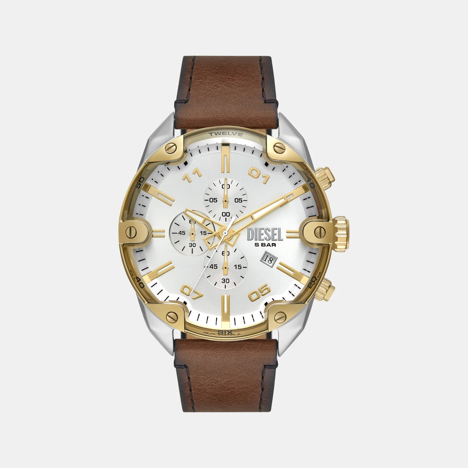 Spiked Men Quartz Silver Dial Chronograph Leather Watch DZ4665 - Image 2