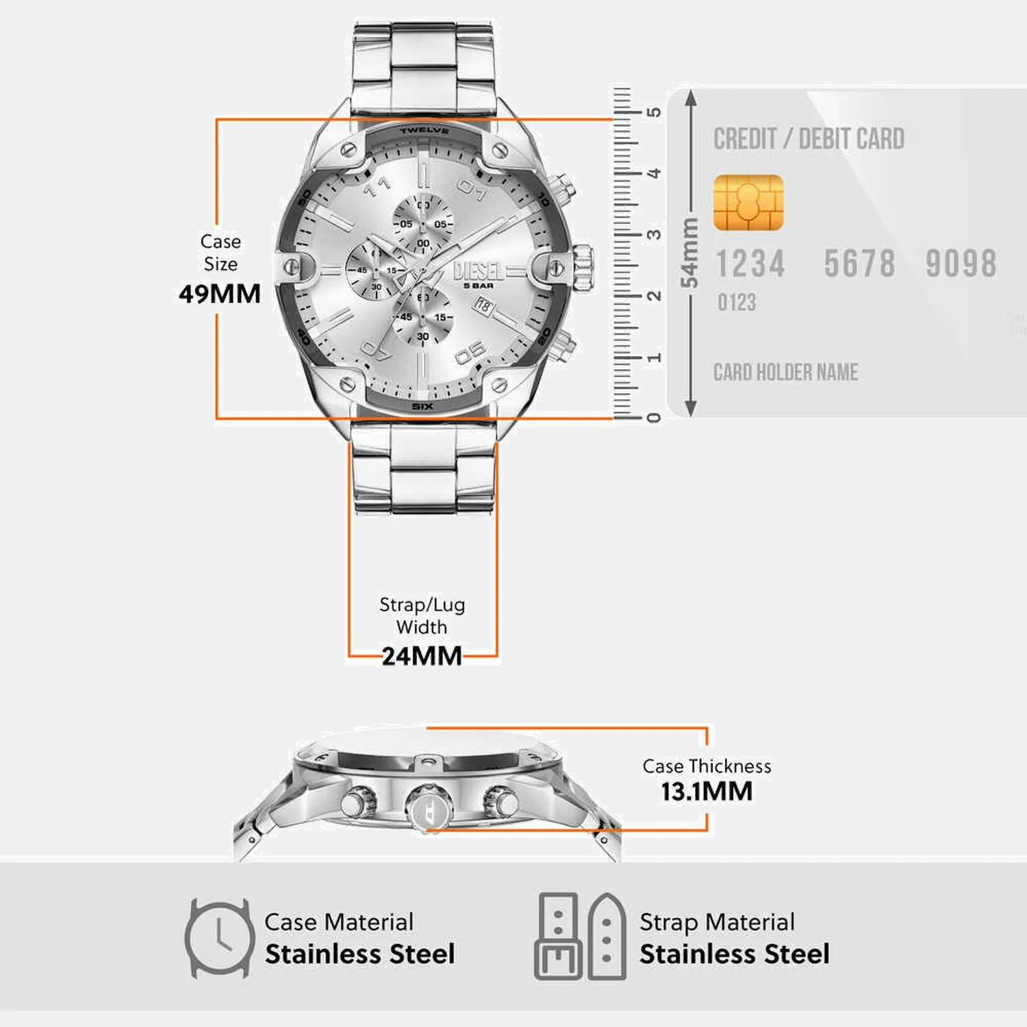 Spiked Men Quartz Silver Dial Chronograph Stainless Steel Watch DZ4677 - Image 5