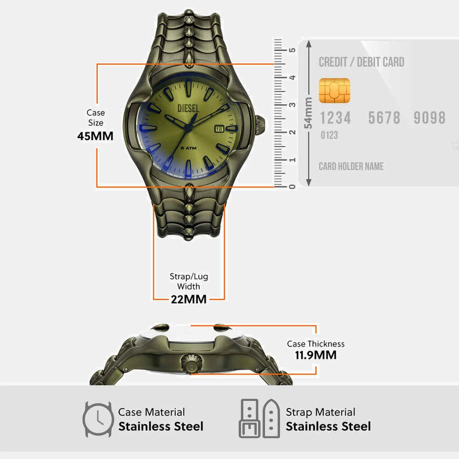 Vert Men Quartz Green Dial Analog Stainless Steel Watch DZ2221 - Image 5