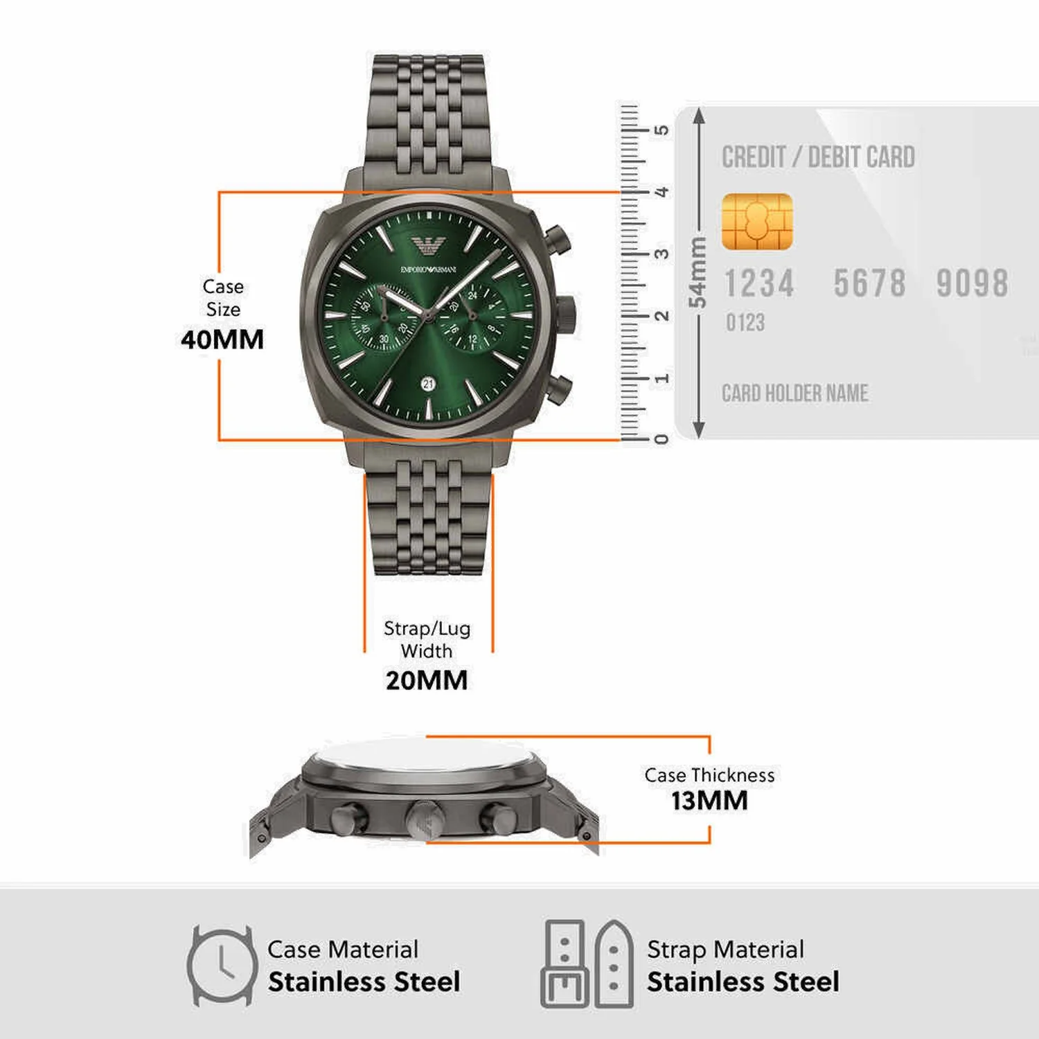 Men Quartz Green Dial Chronograph Stainless Steel Watch AR11689 - Image 6
