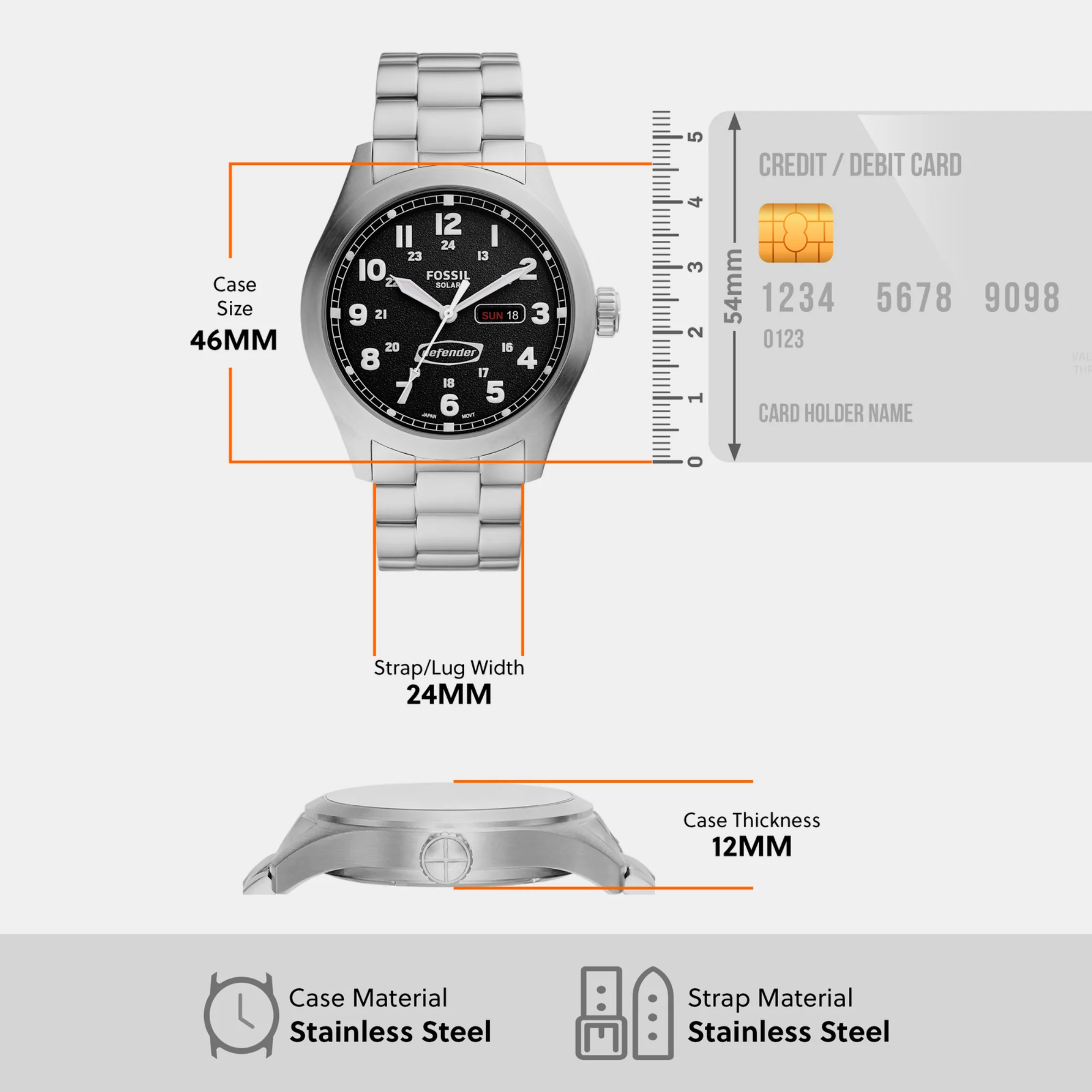 Defender Men Solar Black Dial Analog Stainless Steel Watch FS5976 - Image 4