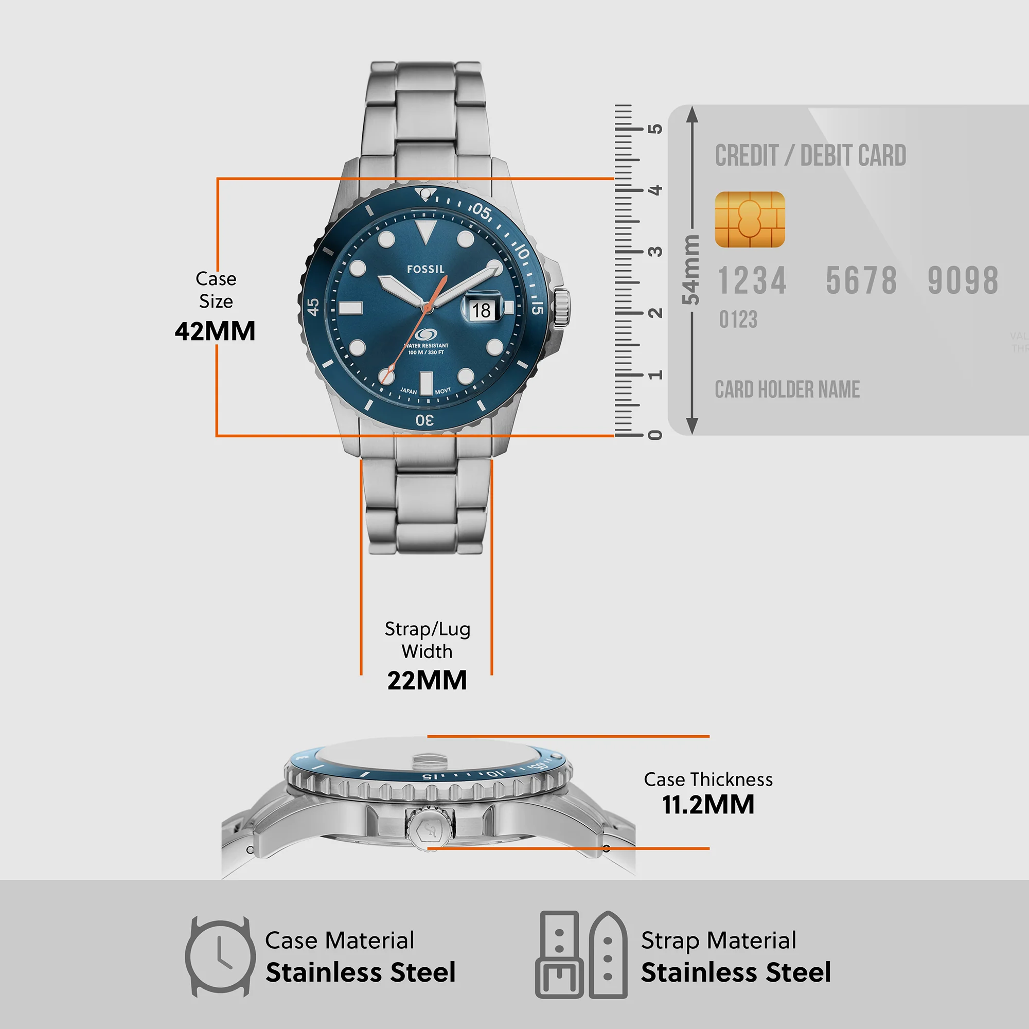 Fossil Blue Dive Men Quartz Blue Dial Analog Stainless Steel Watch FS6050 - Image 5