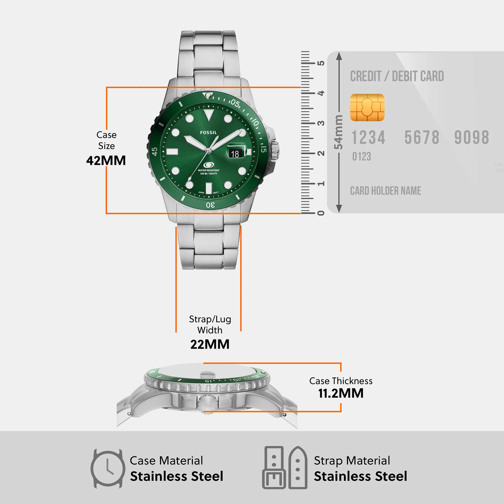 Fossil Blue Dive Men Quartz Green Dial Analog Stainless Steel Watch FS6033 - Image 7