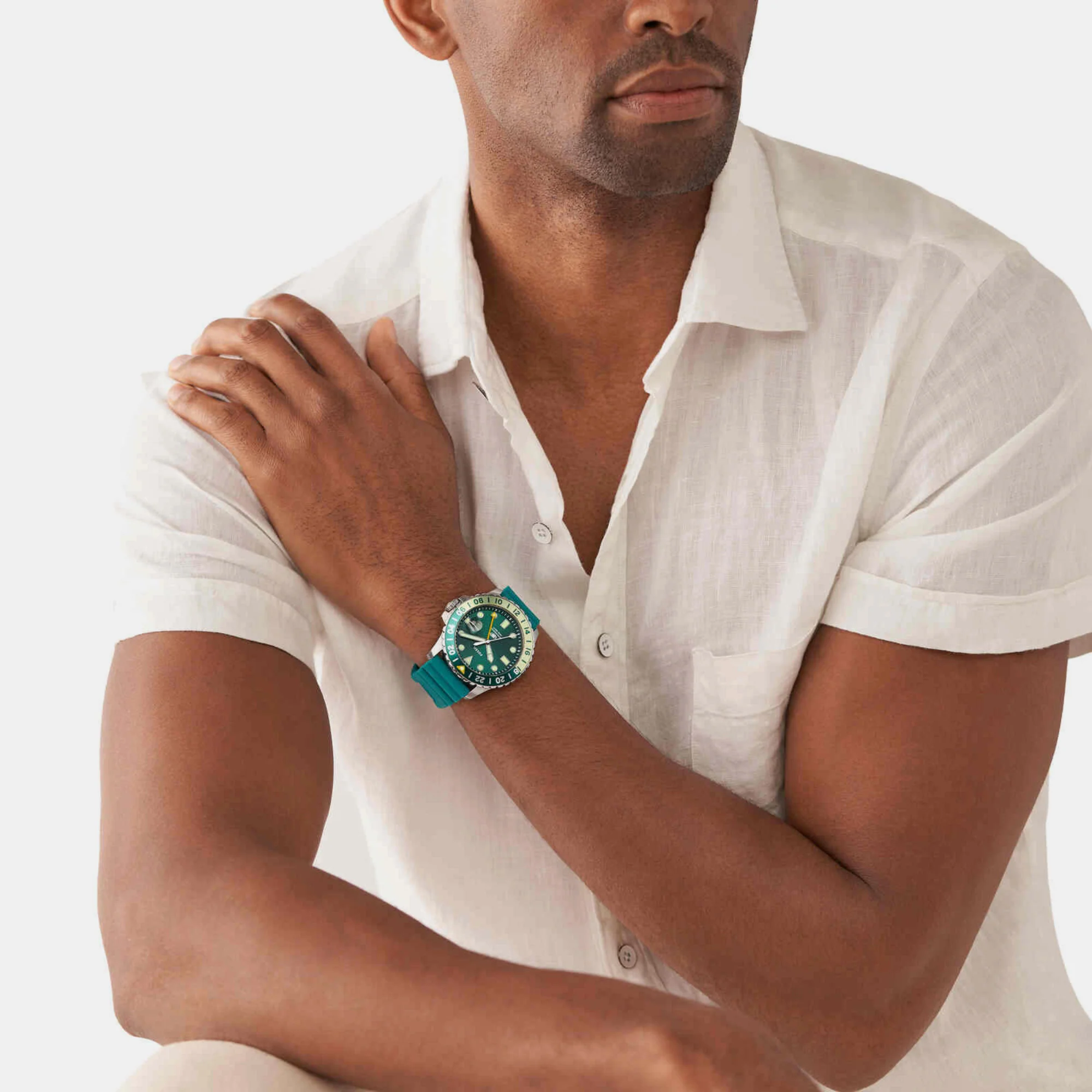 Fossil Blue Gmt Men Quartz Green Dial Analog Silicone Watch FS5992 - Image 3