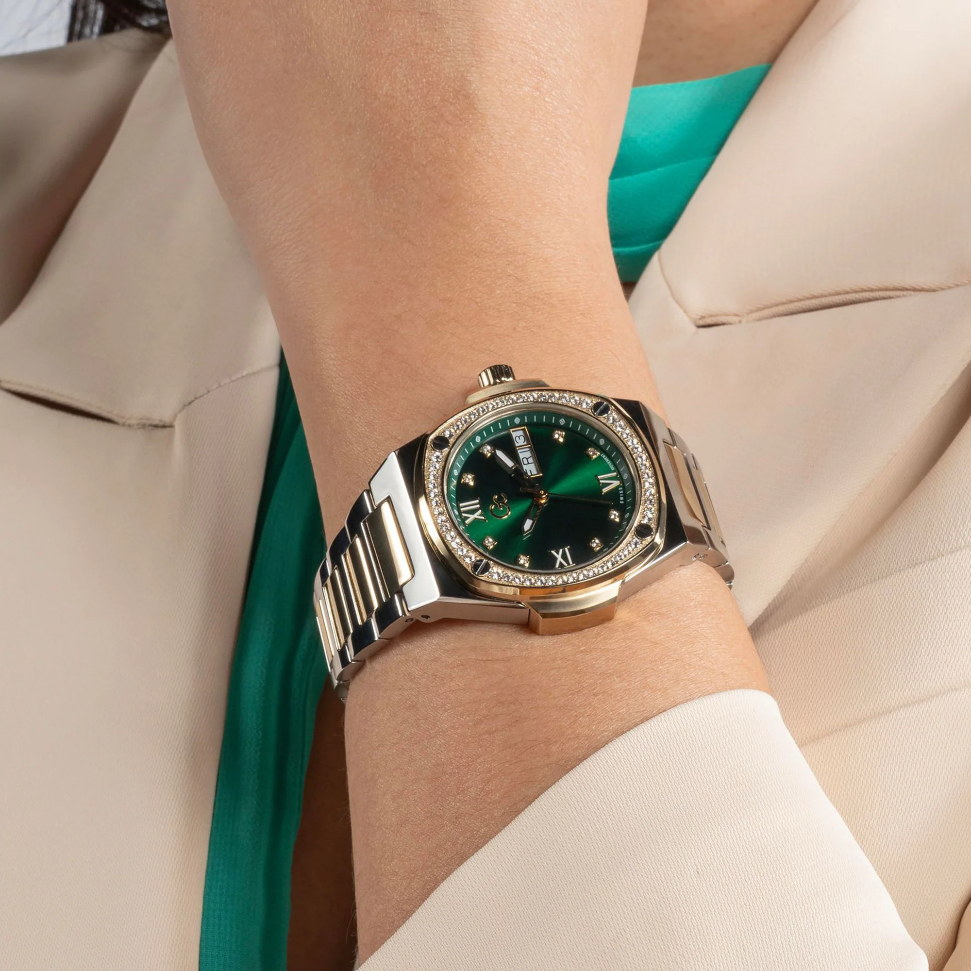 Coussin Shape Women Quartz Green Dial Analog Stainless Steel Watch Y98010L9MF - Image 5