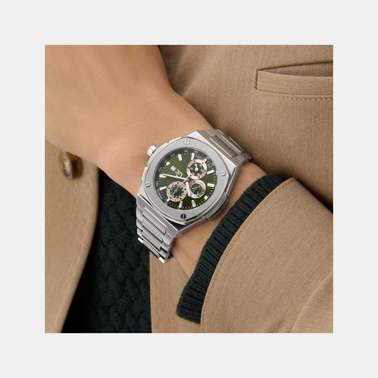 Sportchic Men Quartz Green Dial Chronograph Stainless Steel Watch Y99024G9 - Image 8
