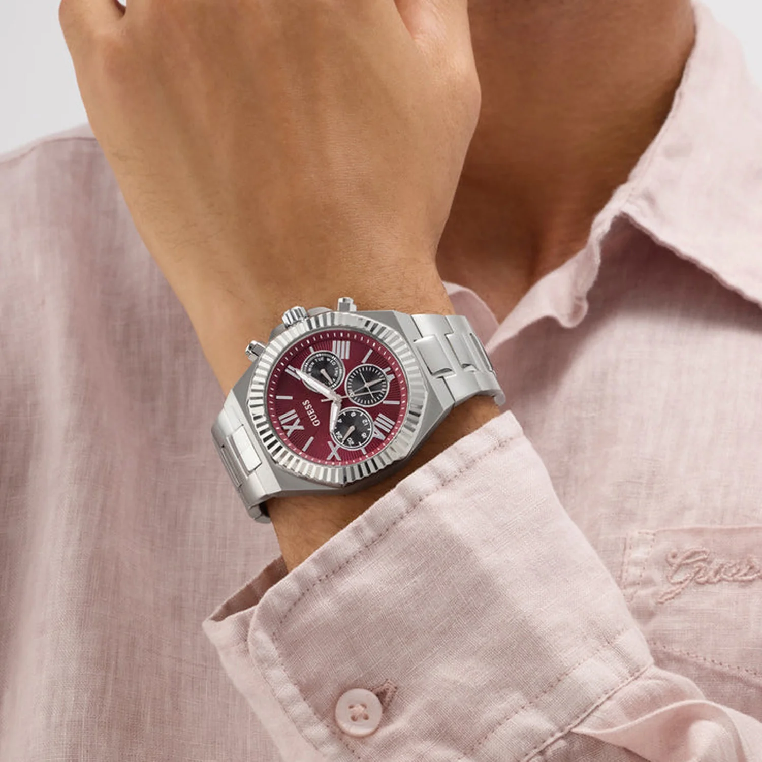 Men Quartz Red Dial Multi-Function Stainless Steel Watch GW0703G7 - Image 6
