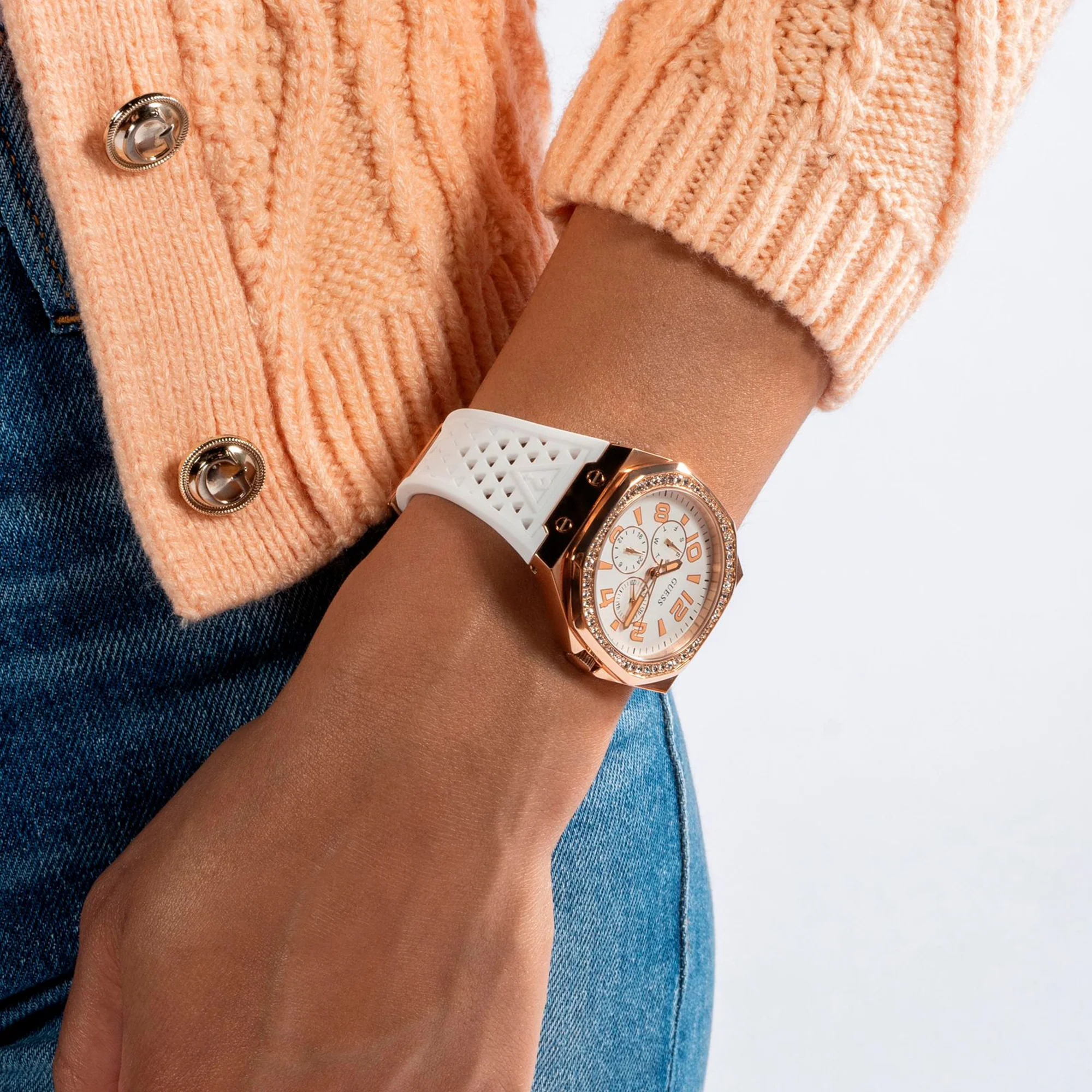 Zest Octogonal Women Quartz White Dial Multi-Function Silicone Watch GW0694L3 - Image 4