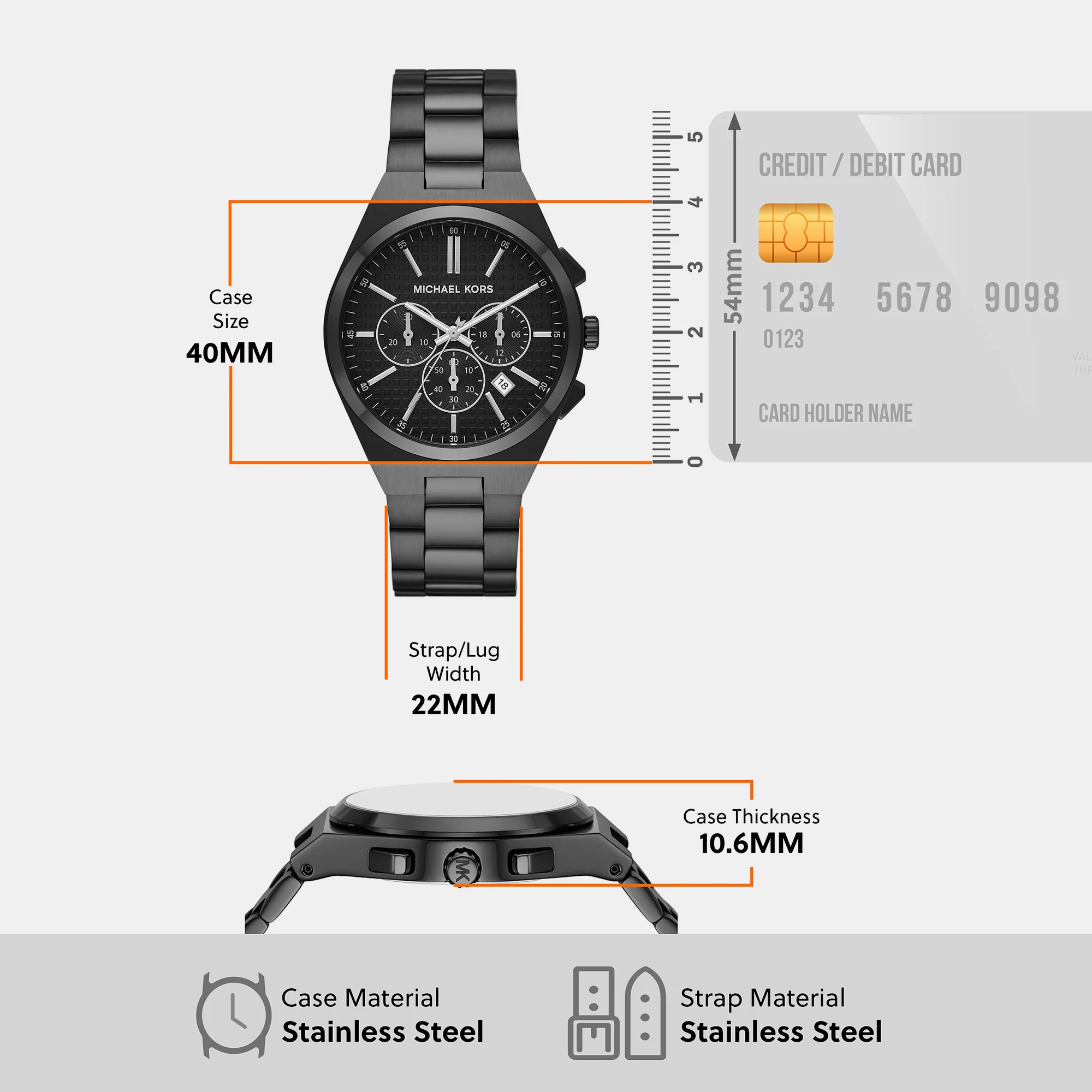 Lennox Men Quartz Black Dial Chronograph Stainless Steel Watch MK9146 - Image 8