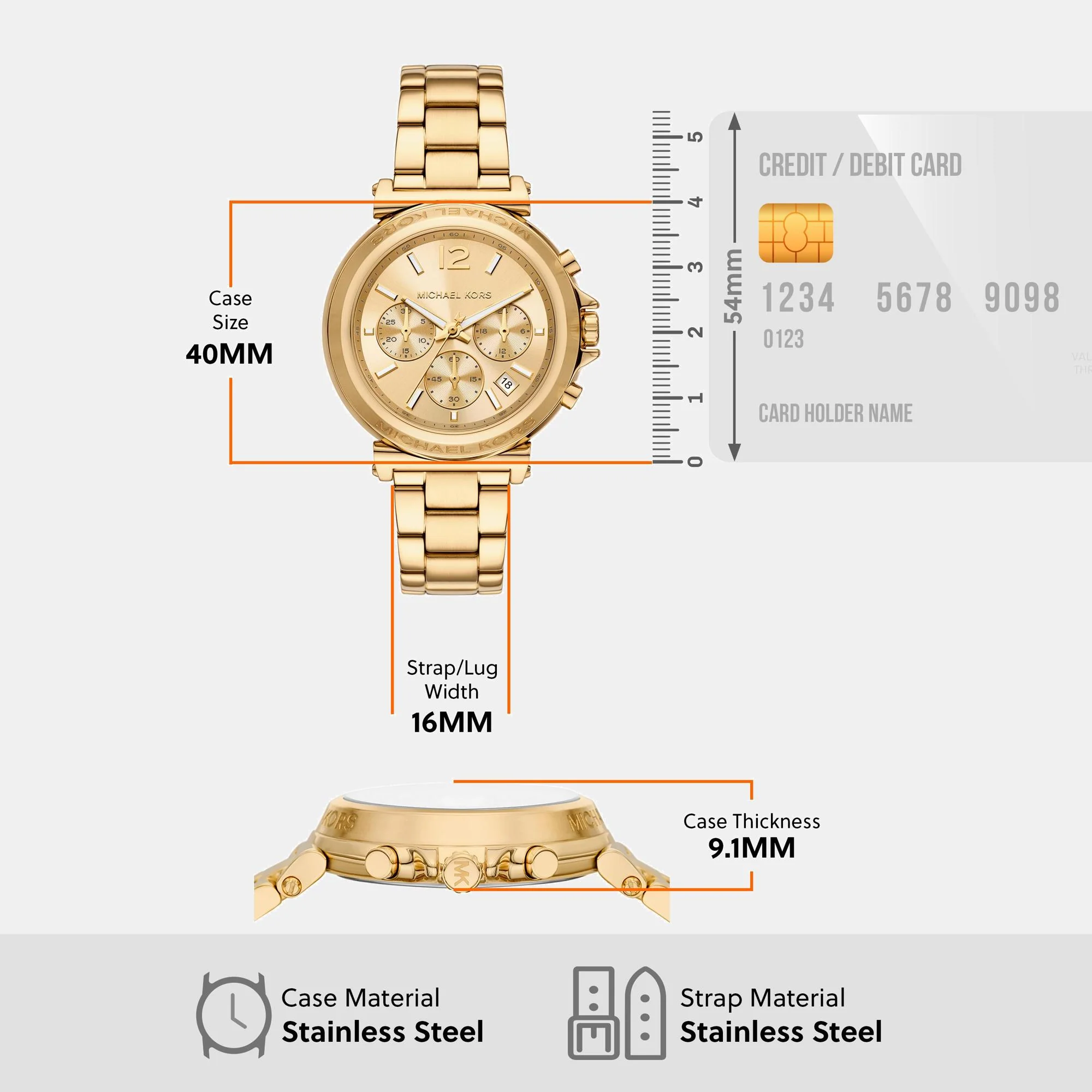 Maren Women Quartz Gold Dial Chronograph Stainless Steel Watch MK7493 - Image 8