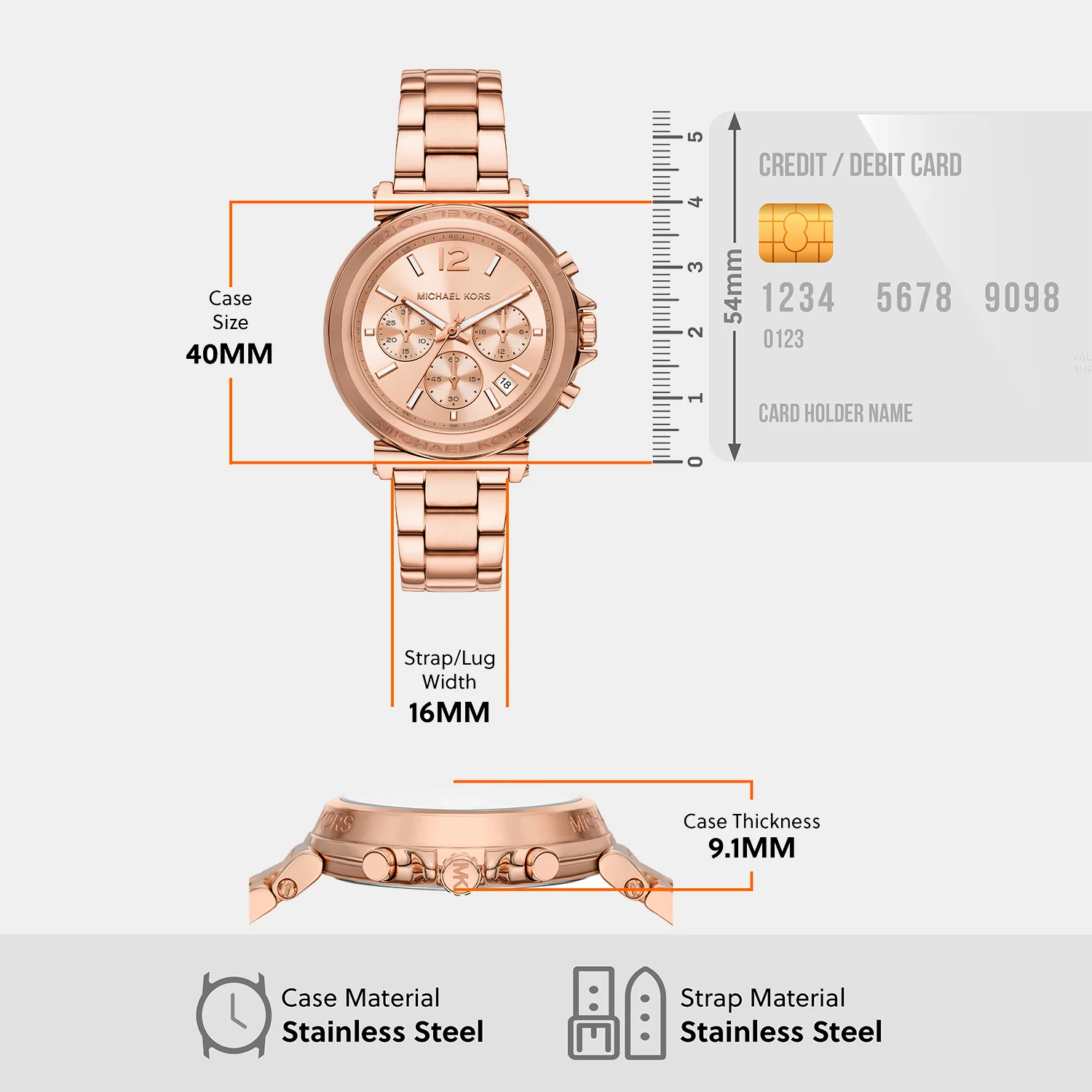 Maren Women Quartz Rose Gold Dial Chronograph Stainless Steel Watch MK7494 - Image 7