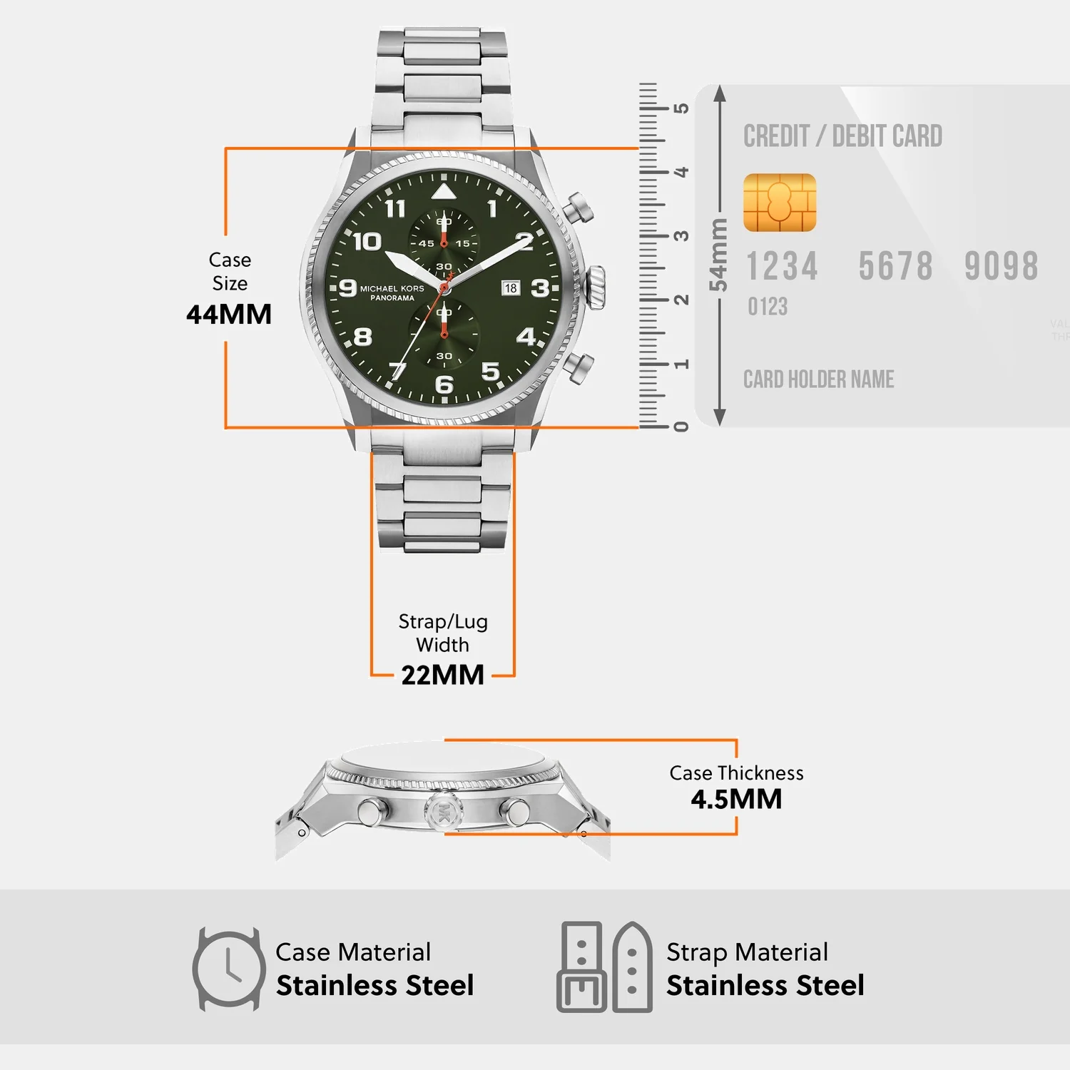 Panorama Men Quartz Green Dial Chronograph Stainless Steel Watch MK9196 - Image 8