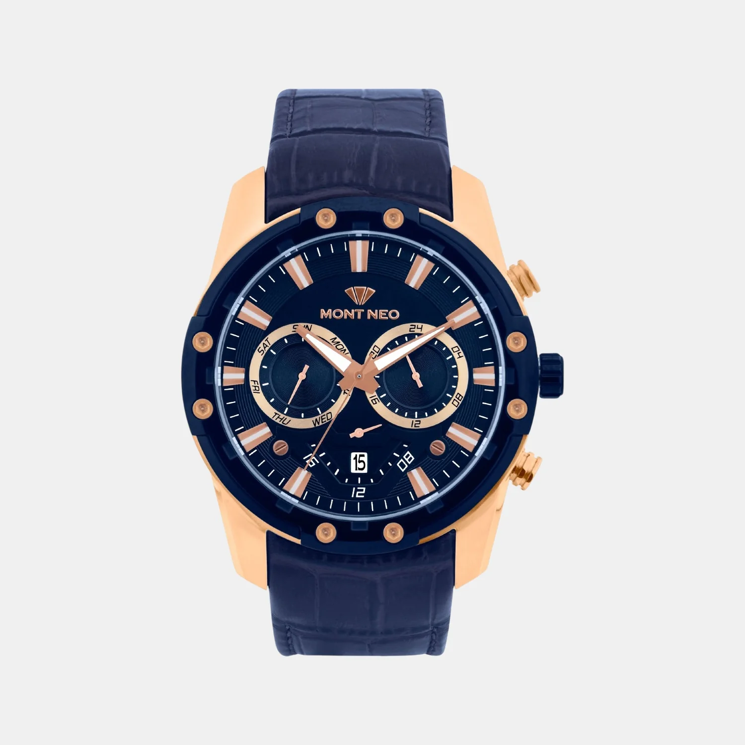 Men Quartz Blue Dial Multi-Function Leather Watch 1053M-L3505