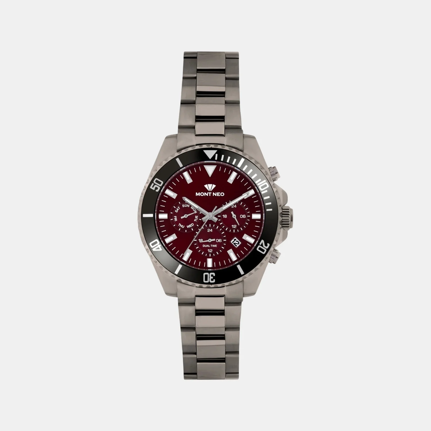 Men Quartz Burgundy Dial Multi-Function Stainless Steel Watch 3508M-M8812