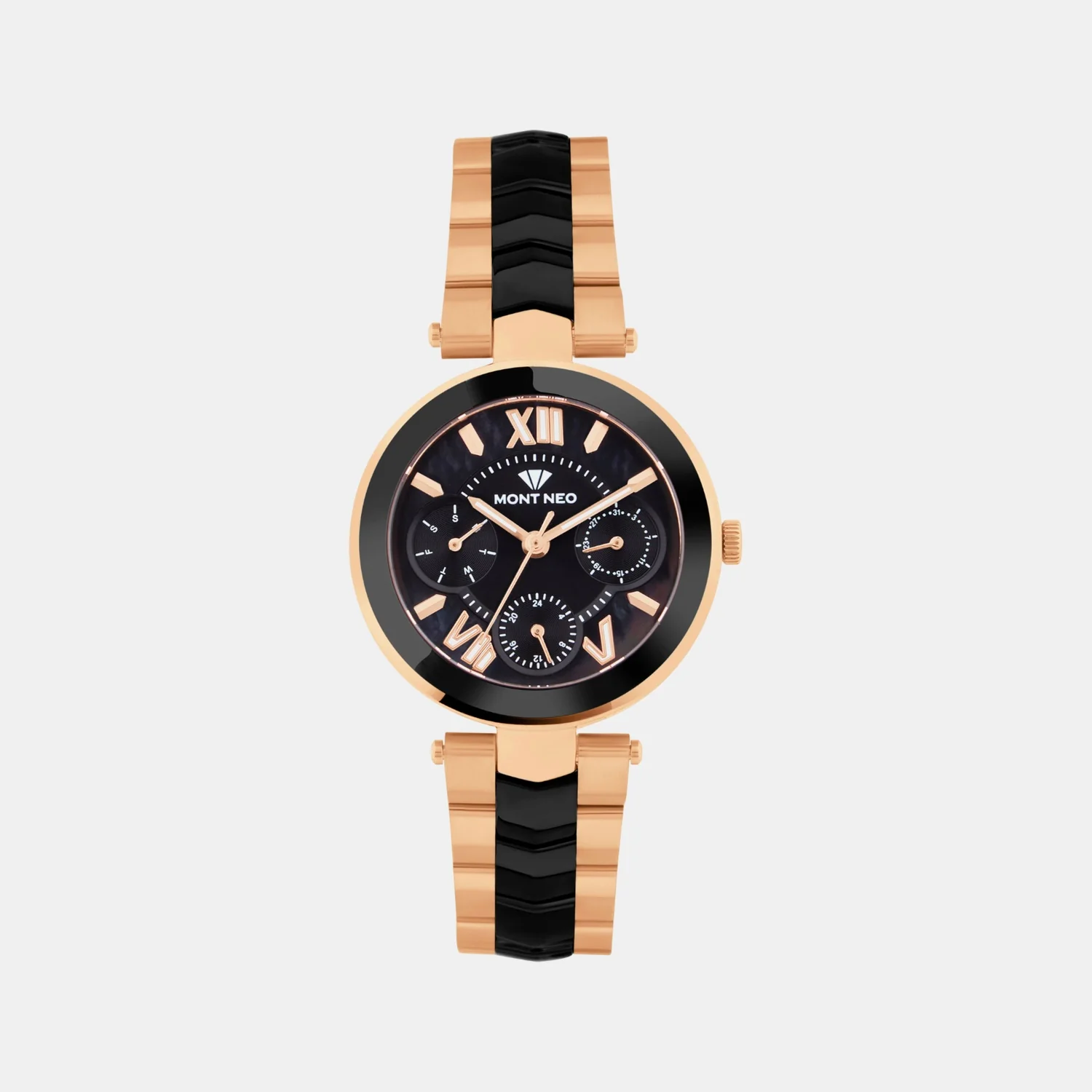 Women Quartz Black Dial Multi-Function Stainless Steel Watch 4507M-M3404