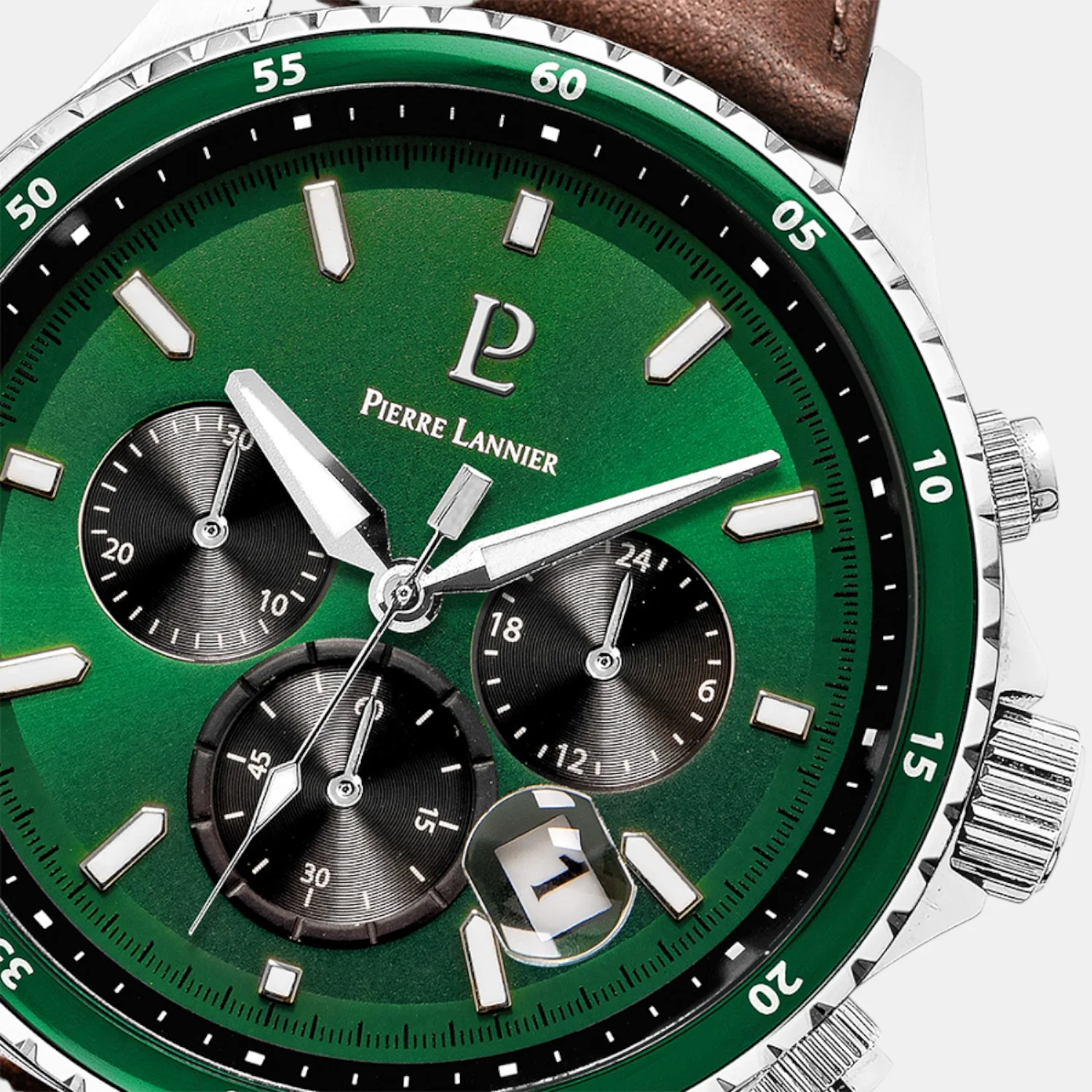 Cronos Men Quartz Green Dial Chronograph Leather Watch 227G164 - Image 2