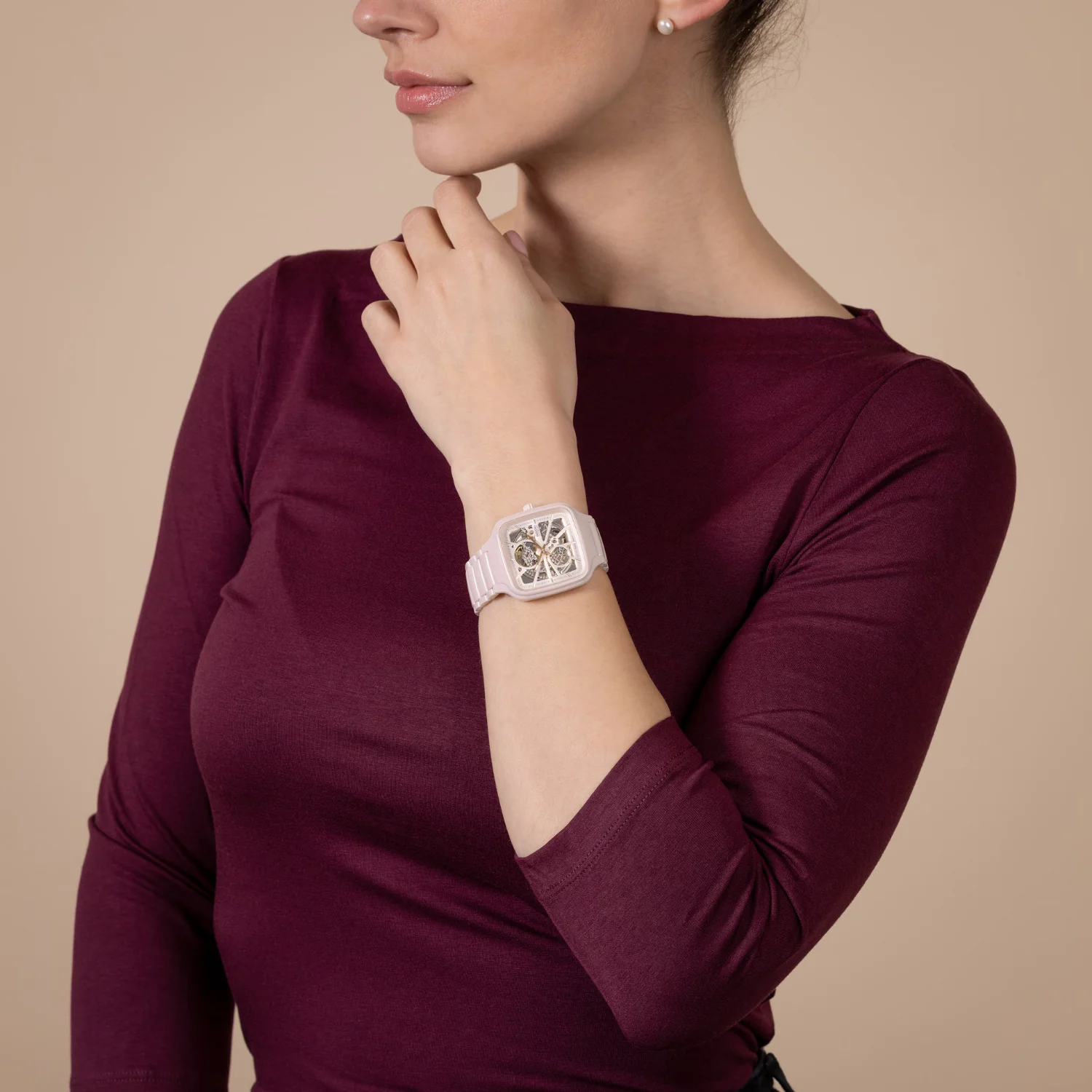 True Square Automatic Open Heart Unisex Pink Dial Analog Ceramic Watch R27123012 - Image 4