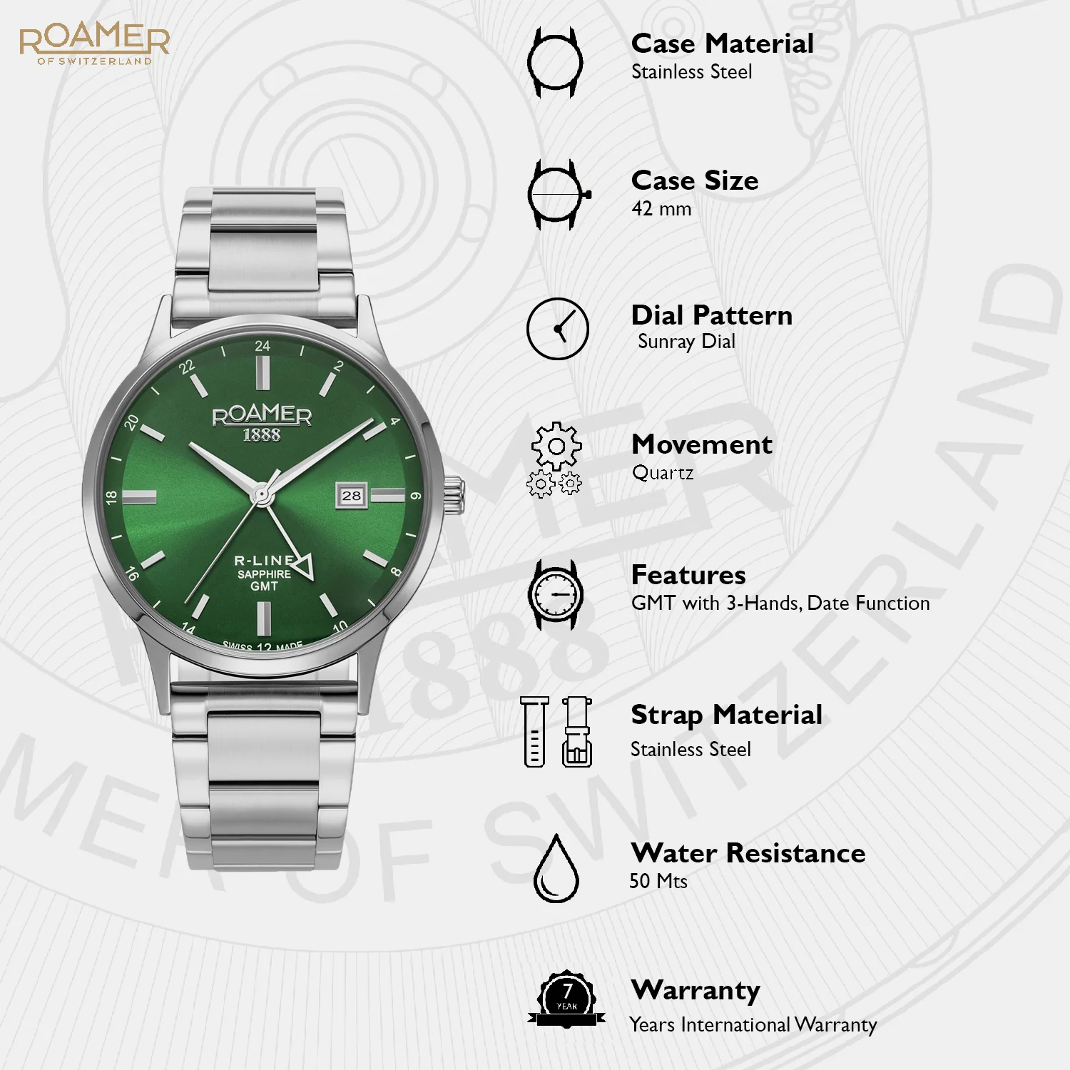 R-Line Men Quartz Green Sunray Dial Analog Stainless Steel Watch 990987 41 75 05 - Image 5