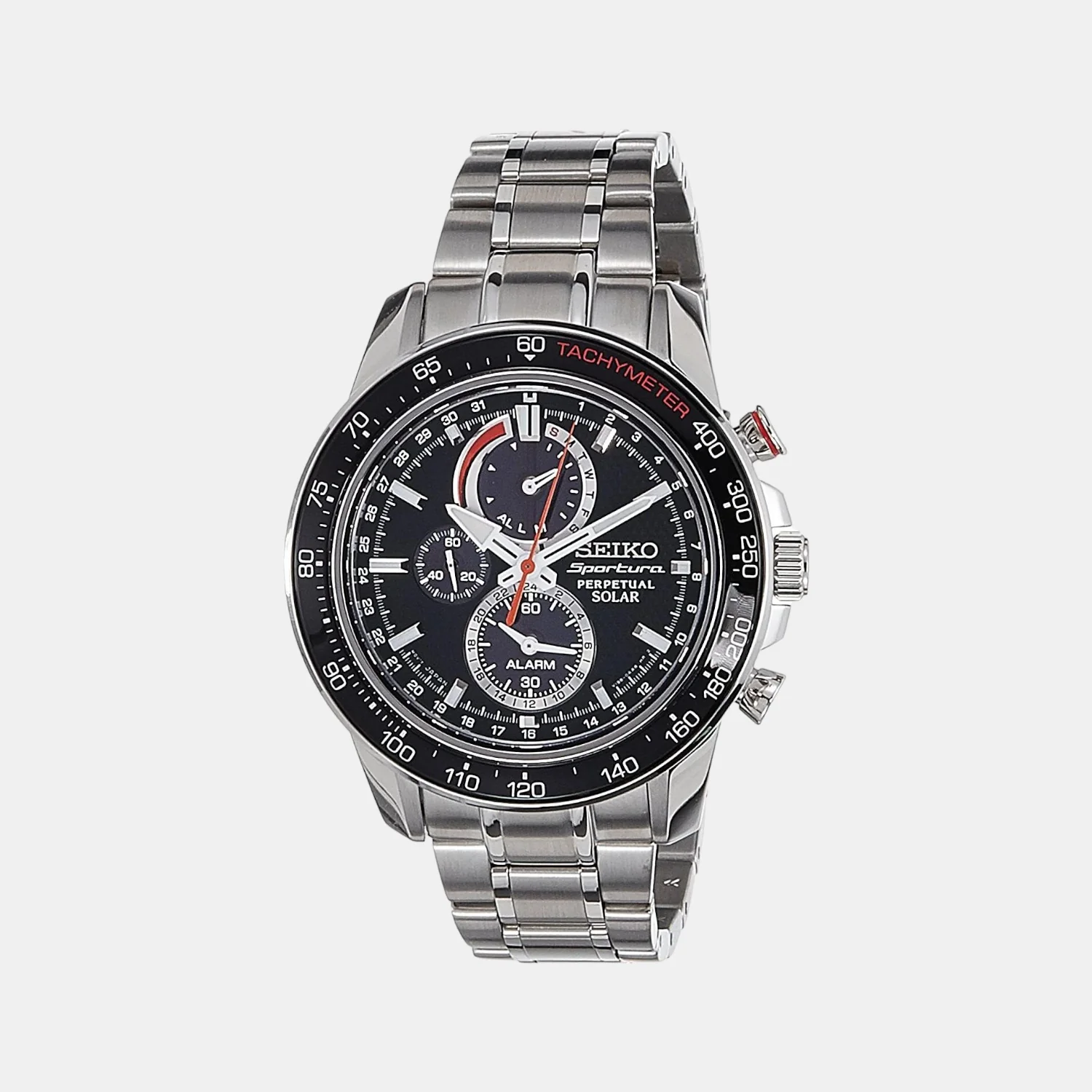 Seiko Sportura Men Quartz Black Dial Chronograph Stainless Steel Watch SSC357P1
