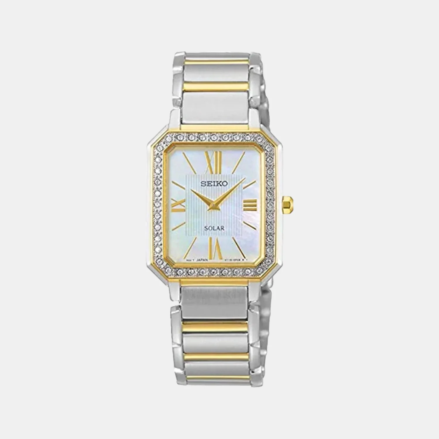 Women Solar Mother Of Pearl Dial Analog Stainless Steel Watch SUP428P1