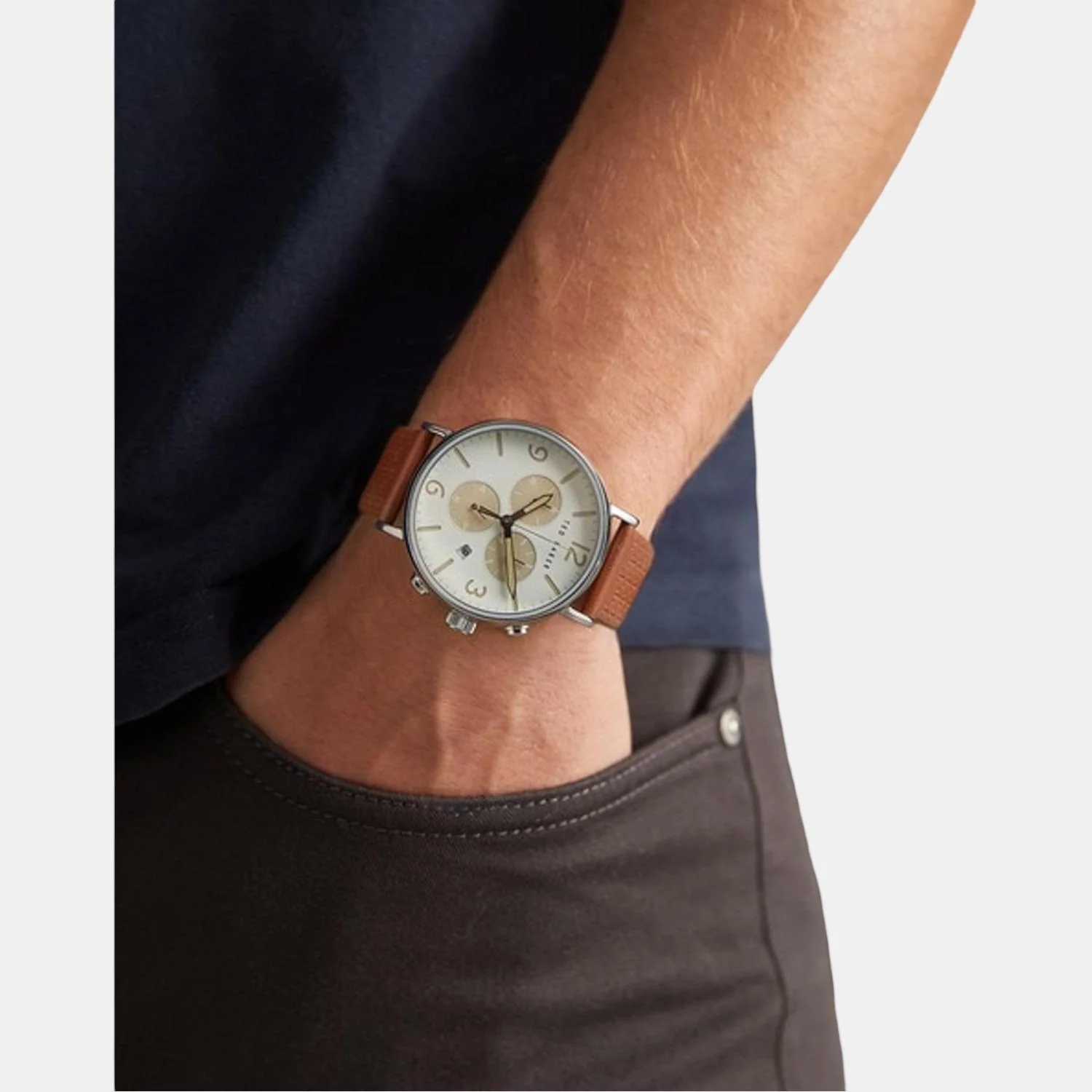Men Quartz Silver Dial Chronograph Leather Watch BKPBAS202 - Image 3
