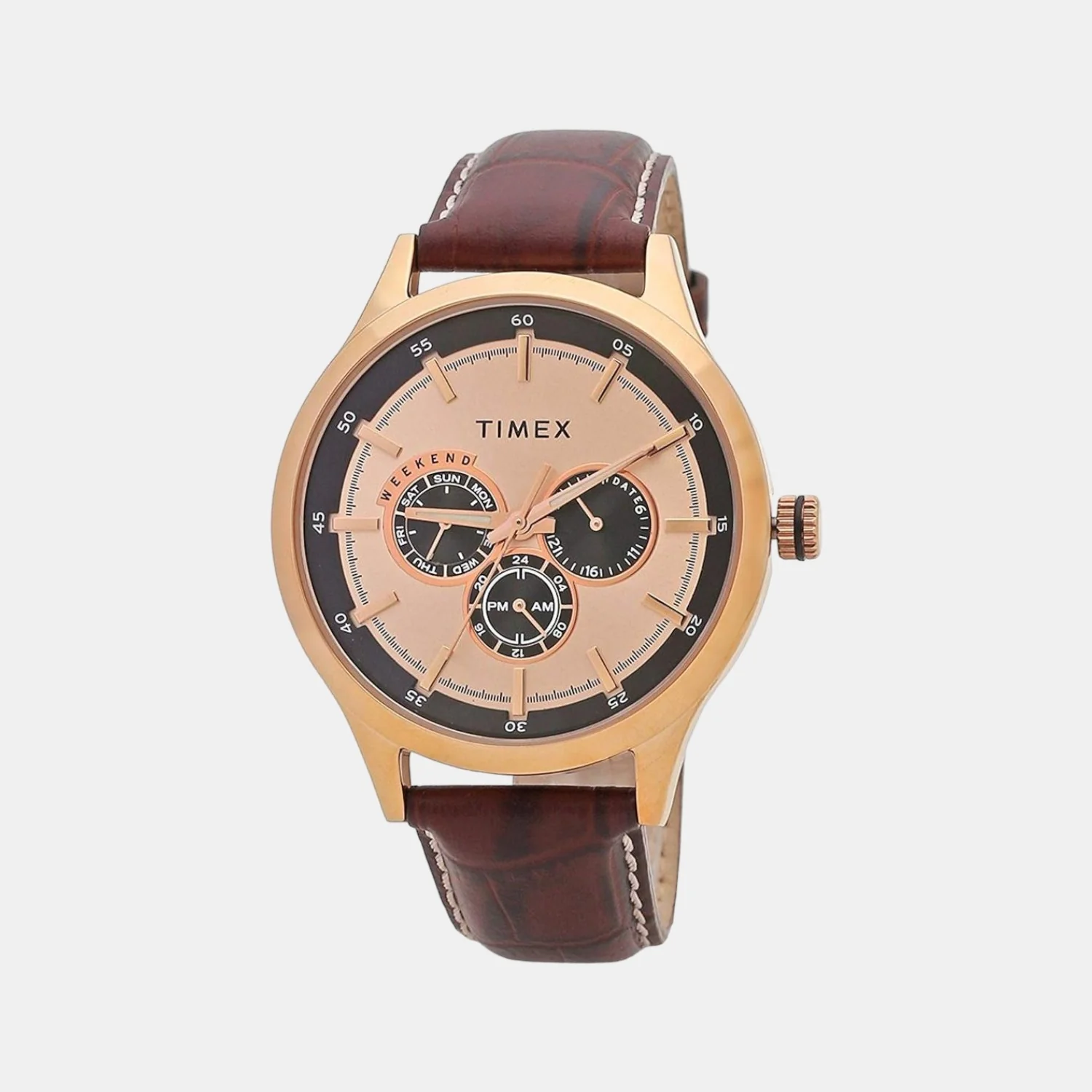 Fashion Men Quartz Rose Gold Dial Chronograph Leather Watch TW000T311