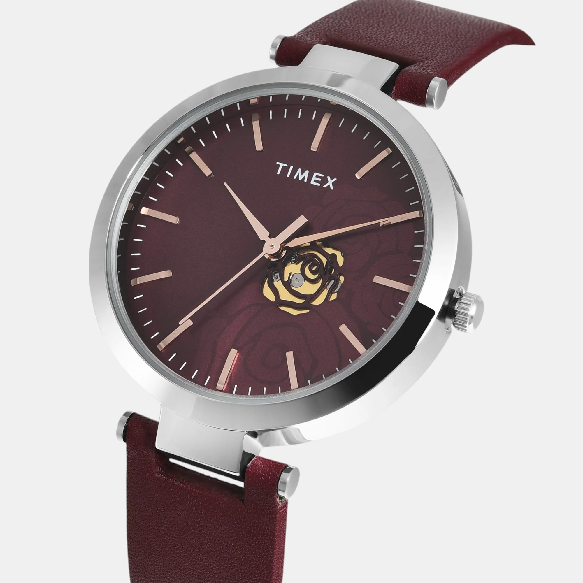 Fashion Women Quartz Burgundy Dial Analog Leather Watch TW000X245 - Image 2
