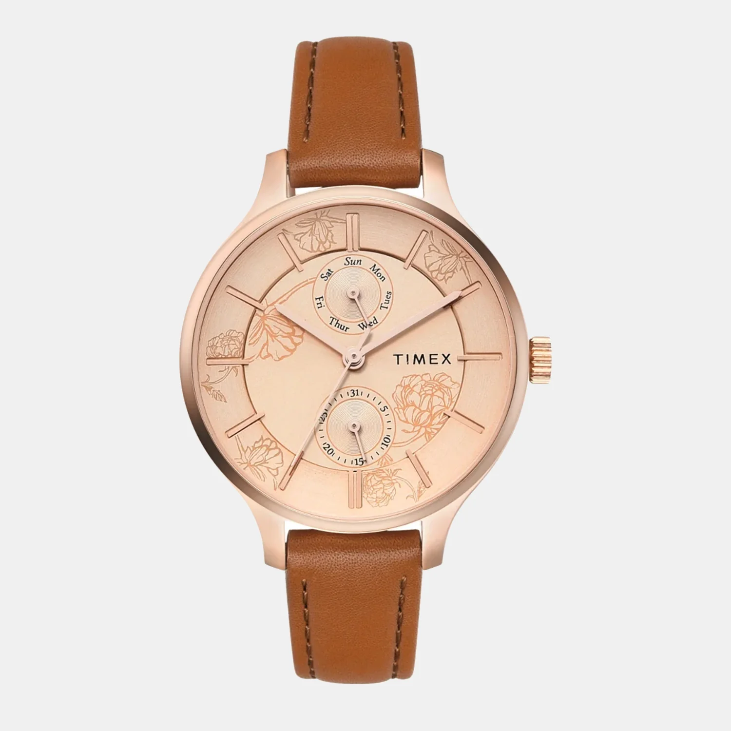 Fashion Women Quartz Rose Gold Dial Multi-Function Leather Watch TWEL14823