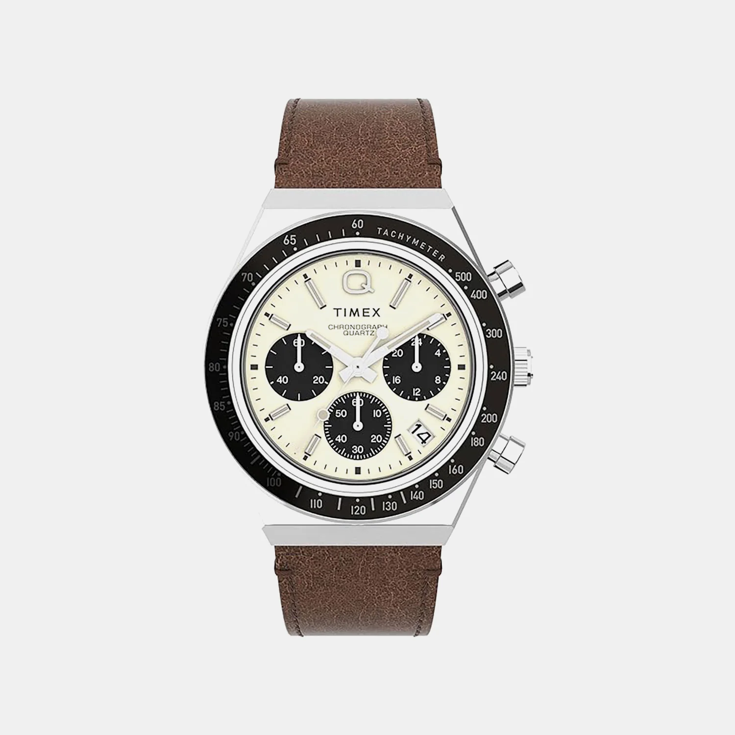 Q Timex Men Quartz Cream Dial Chronograph Leather Watch TWEG26401