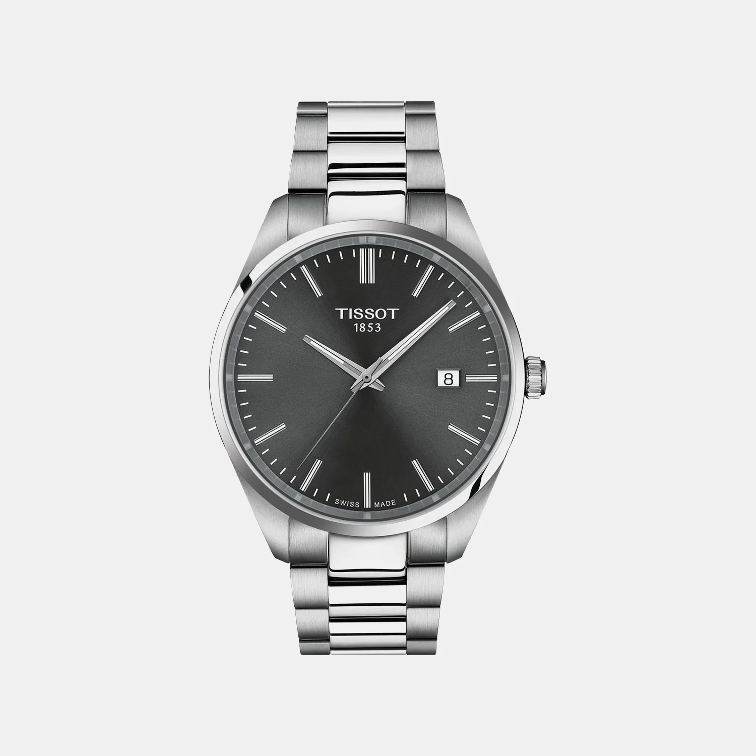 Pr 100 Men Quartz Grey Dial Analog Stainless Steel Watch T1504101108100