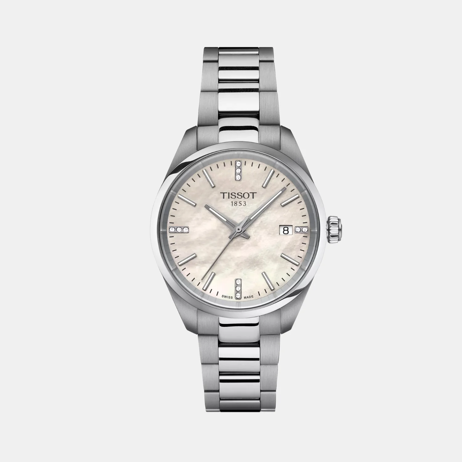 PR 100 Women Quartz White Mother Of Pearl Dial Analog Stainless Steel Watch T1502101111600