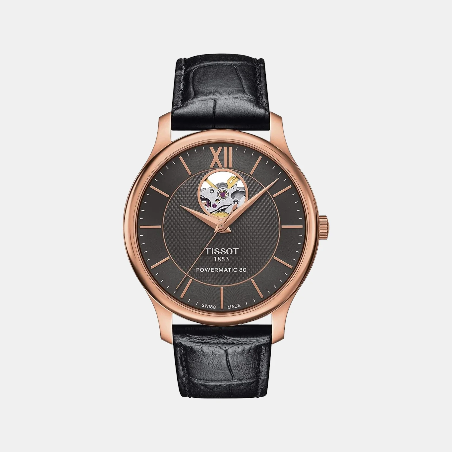 Tradition Open Heart Men Automatic Black Dial Analog Leather Watch T0639073606800